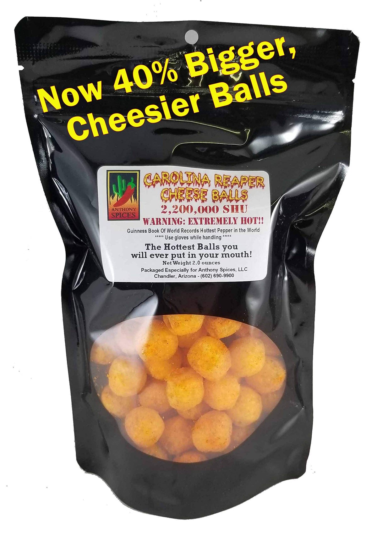 Anthony Spices Carolina Reaper Cheese Balls bag—fiery heat meets cheesy snack.