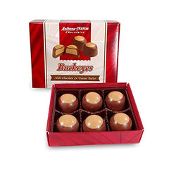 Anthony Thomas buckeyes front view in box, premium peanut butter and milk chocolate treat.