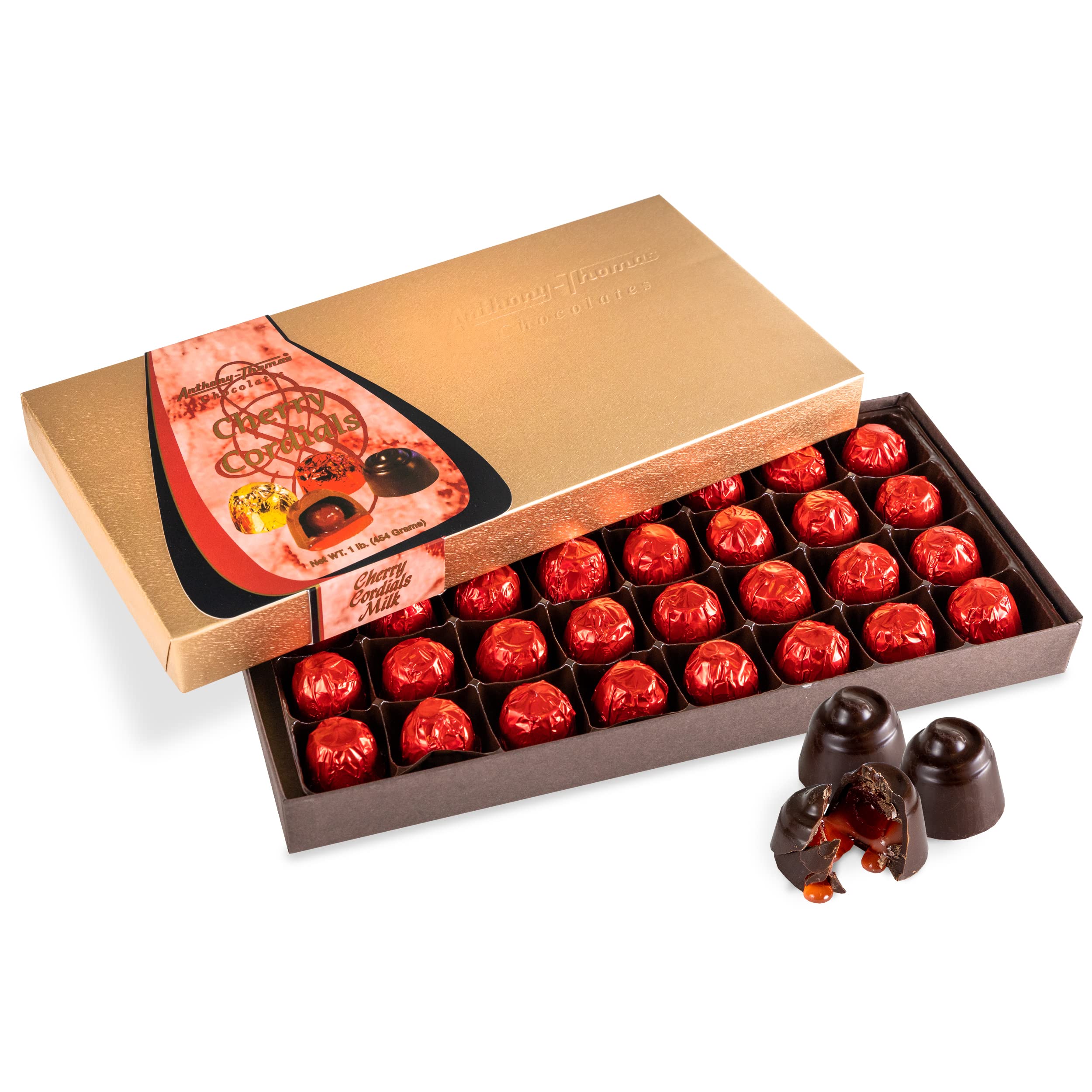 Anthony Thomas Cherry Cordials pack, premium dark chocolate, ideal for gifting.