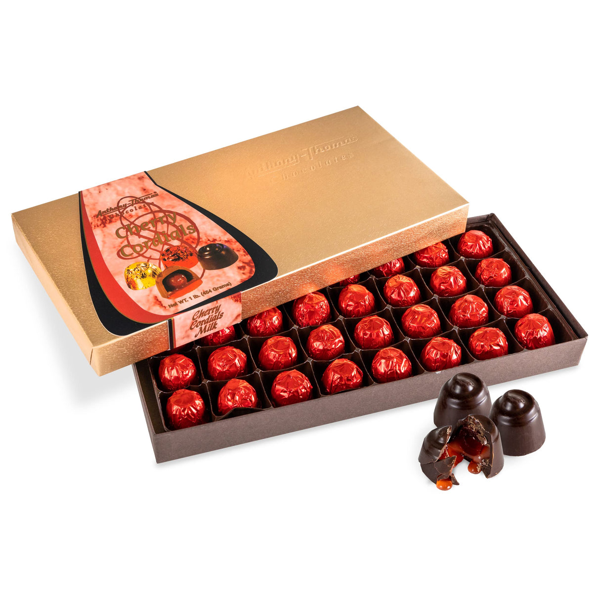 Anthony Thomas Cherry Cordials pack, premium dark chocolate, ideal for gifting.