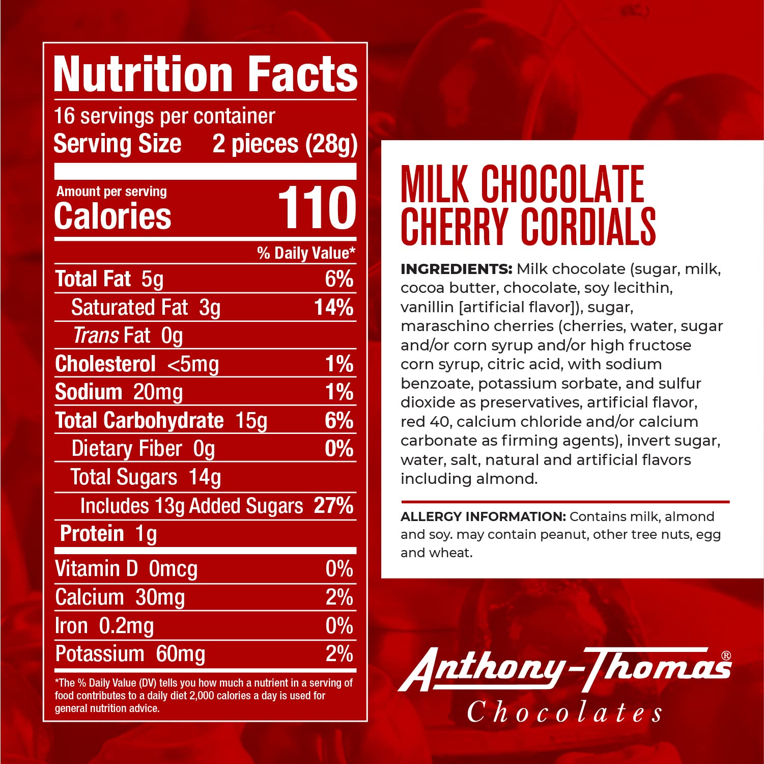 Close-up of Anthony Thomas milk chocolate cherries showing glossy coating