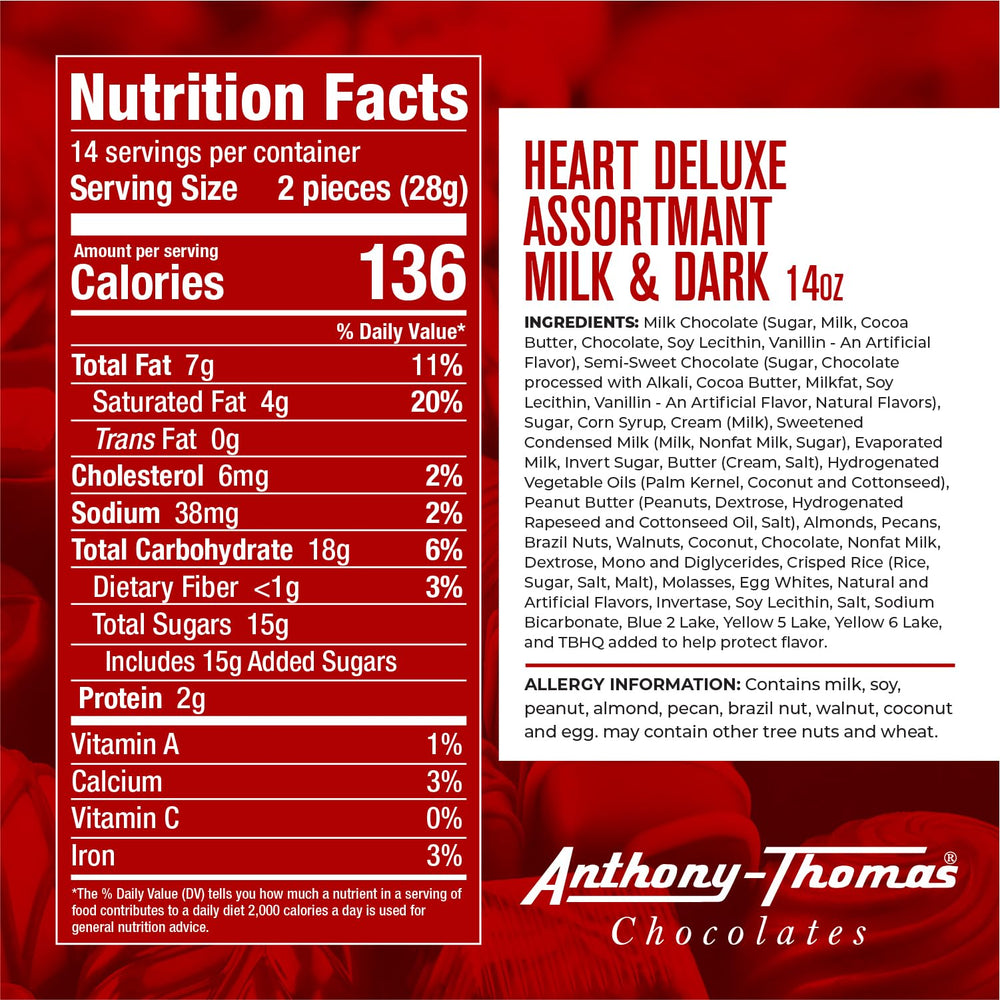 Anthony Thomas milk chocolate deluxe assortment with silky texture for indulgent snacking.