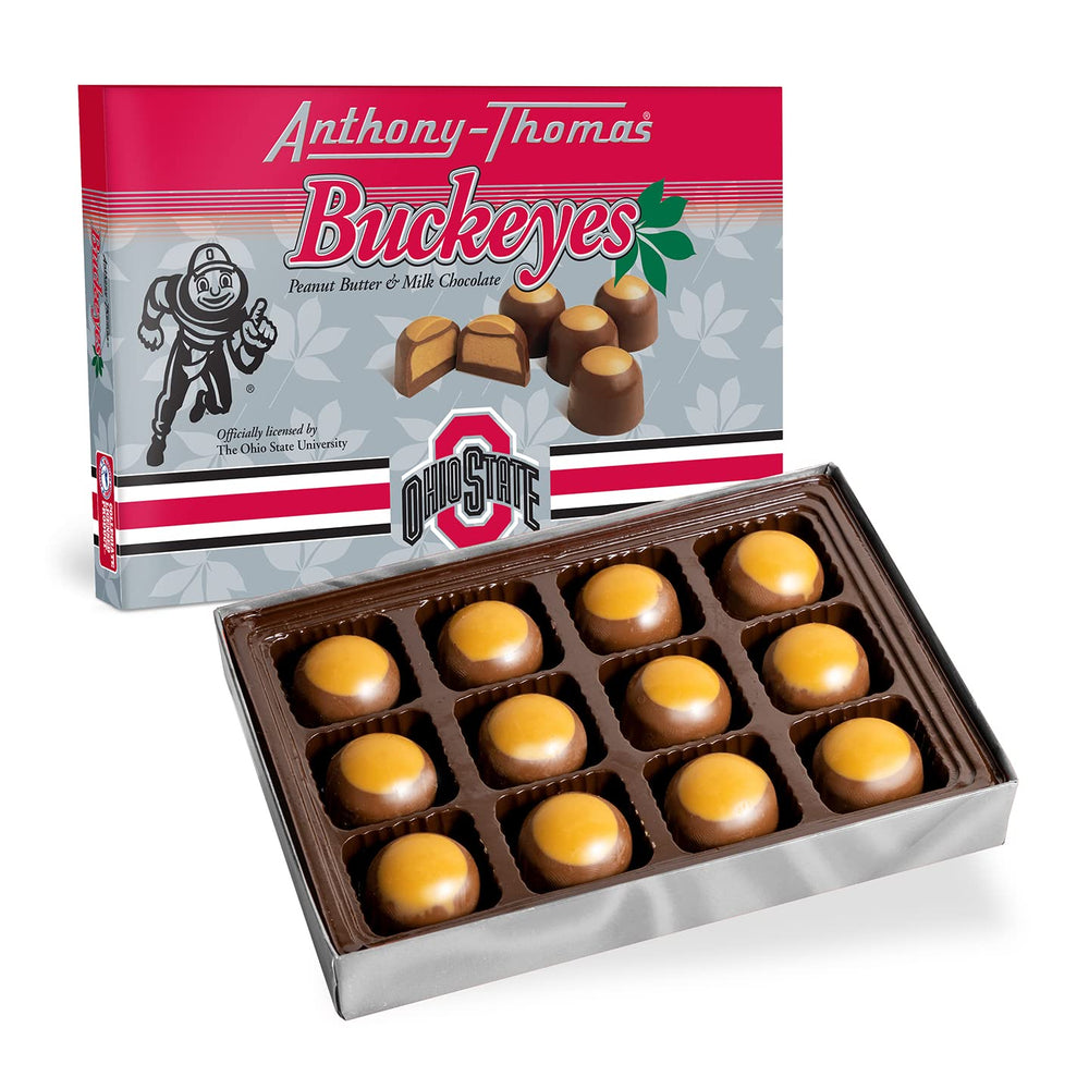 Anthony-Thomas buckeyes box featuring peanut butter centers and milk chocolate.