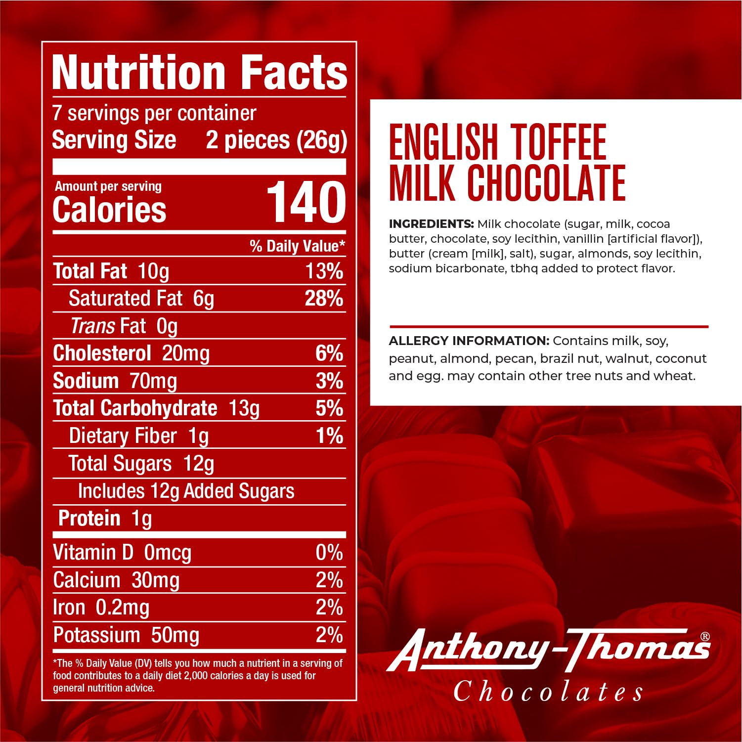 Anthony Thomas milk chocolate toffee close-up highlights creamy texture and premium ingredients.