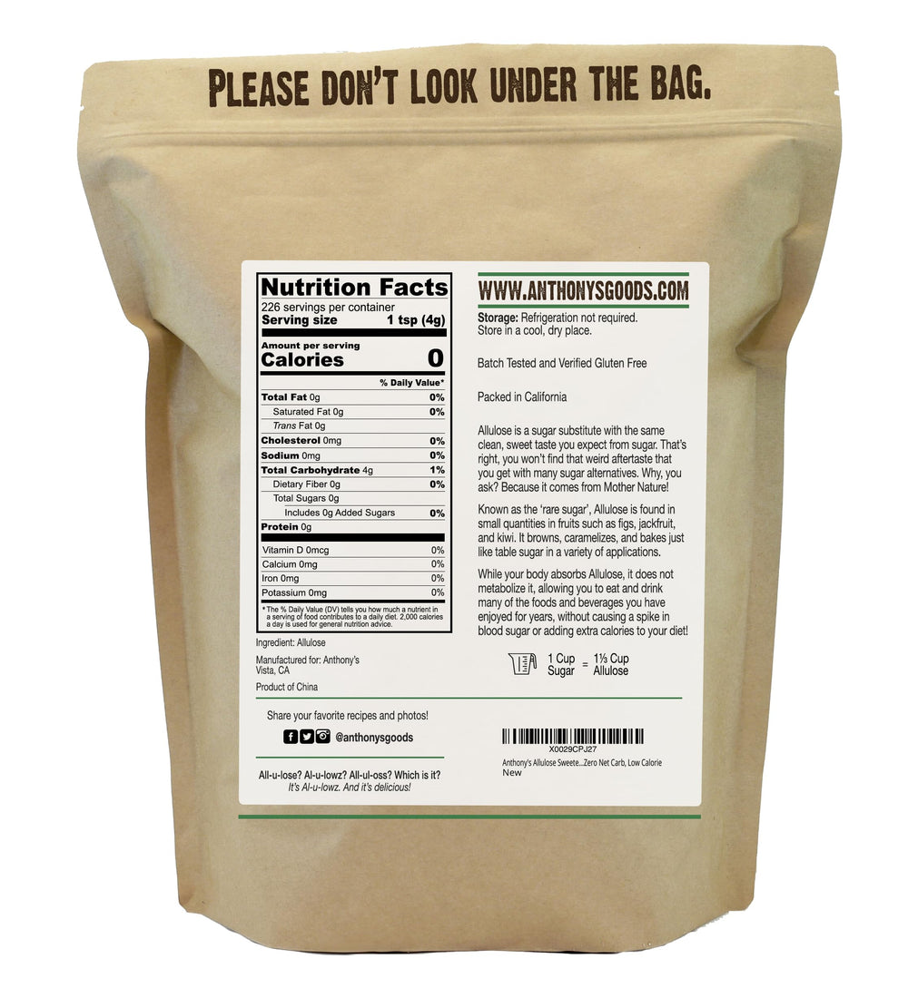 Anthony's Allulose Sweetener gluten-free label close-up emphasizing batch-tested assurance.