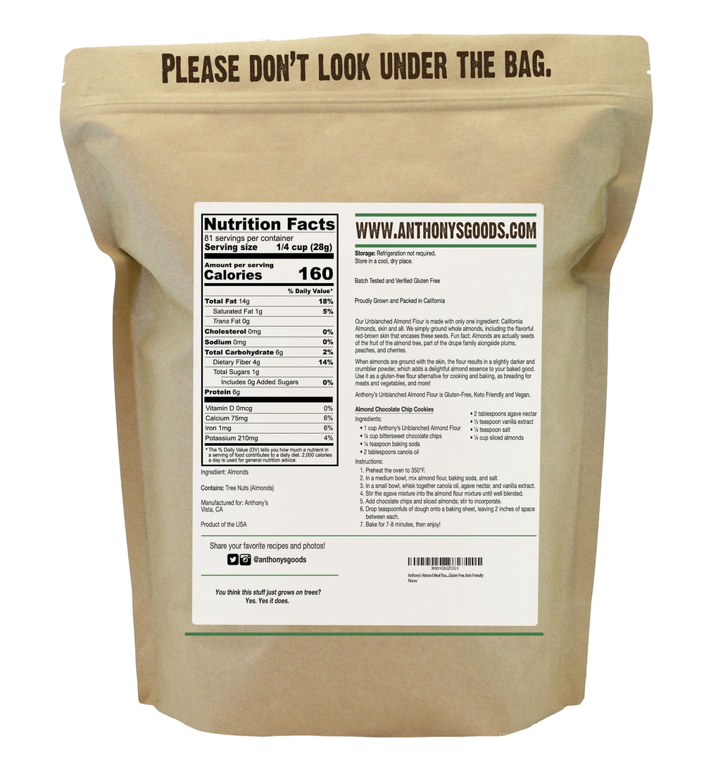 Anthony's almond meal flour package front view shows natural color and wholesome ingredients