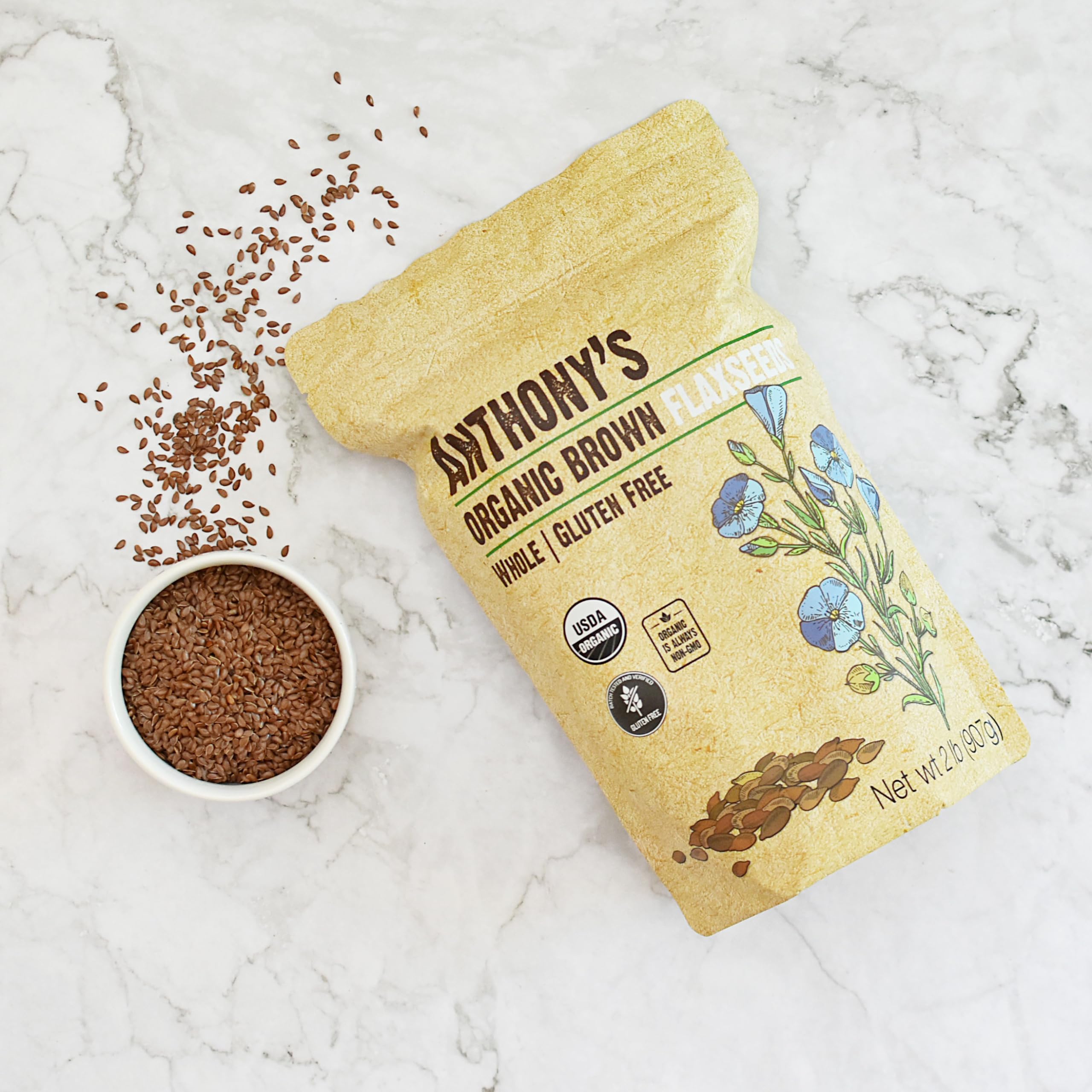 Anthony's organic flaxseed batch-tested gluten-free assurance.