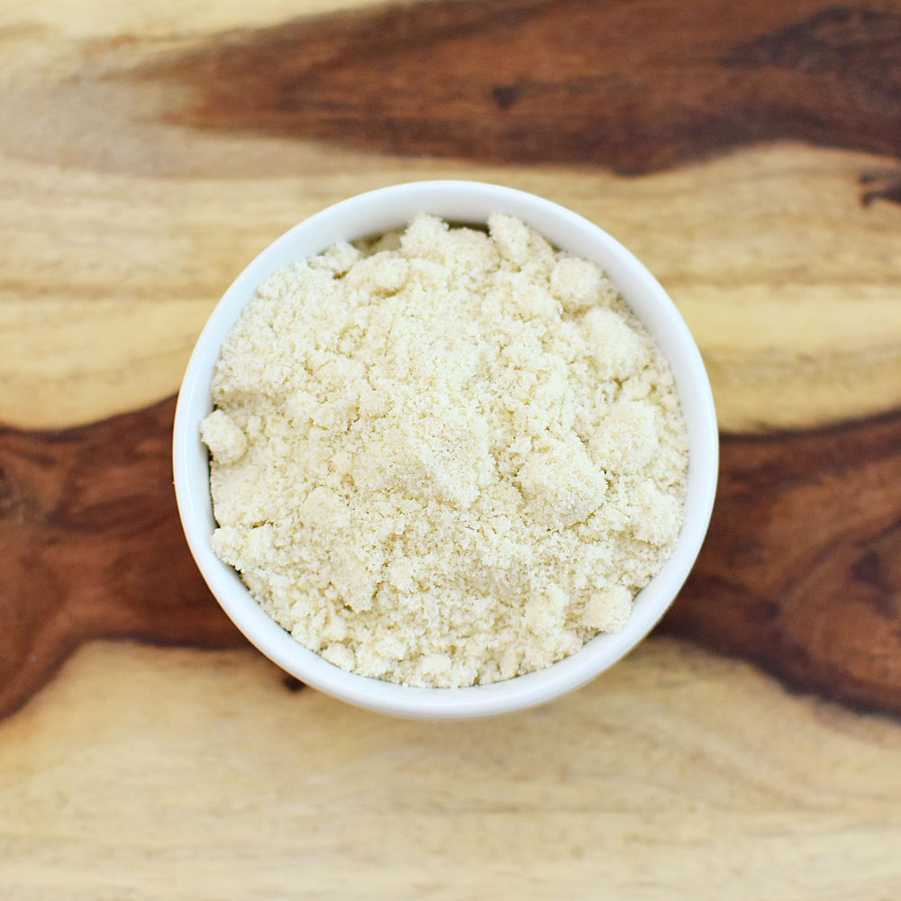 Anthony's Blanched Almond Flour with skins removed highlights light color and smooth texture.