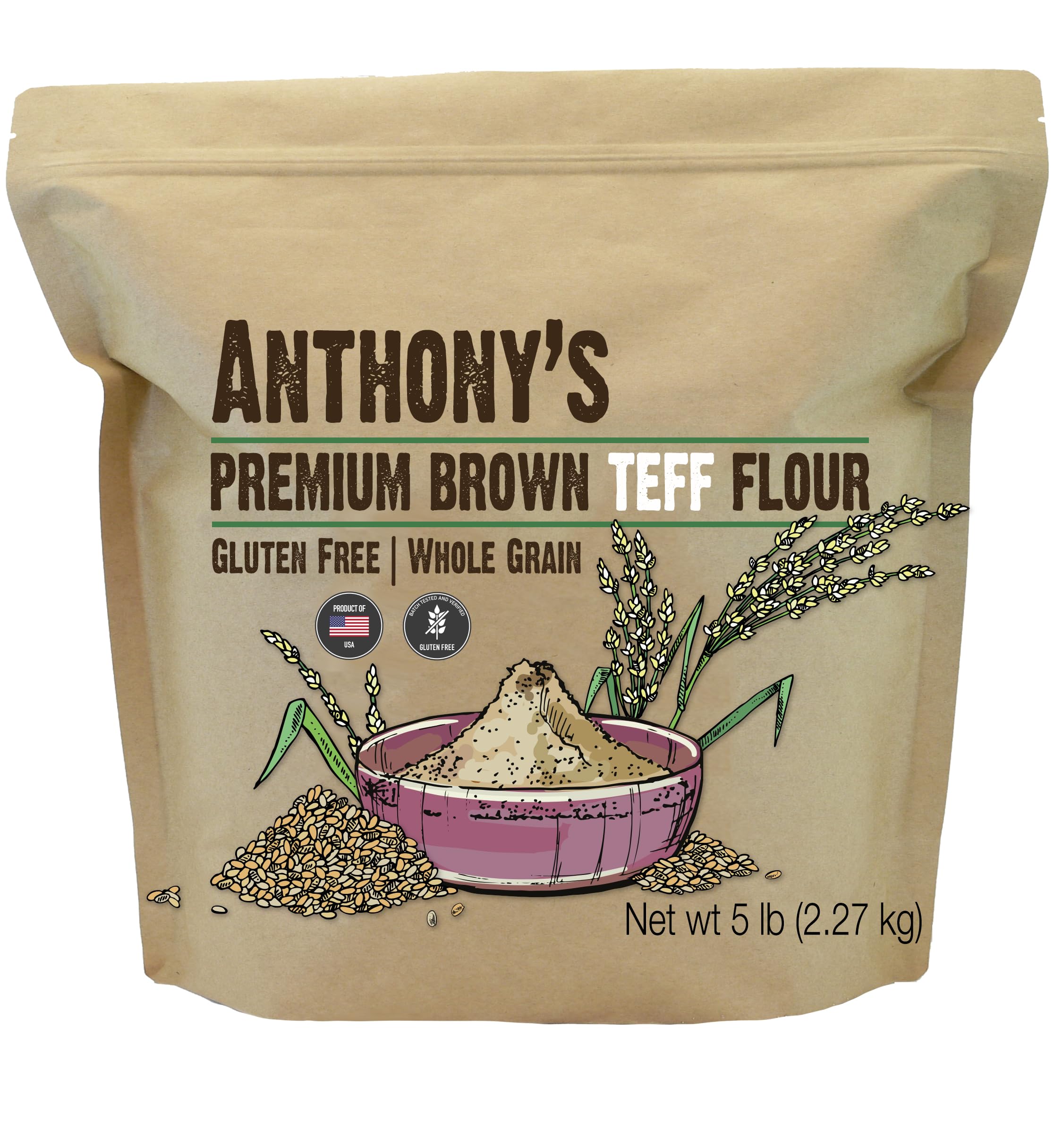 Anthony's Brown Teff Flour bag highlighting gluten-free whole grain baking