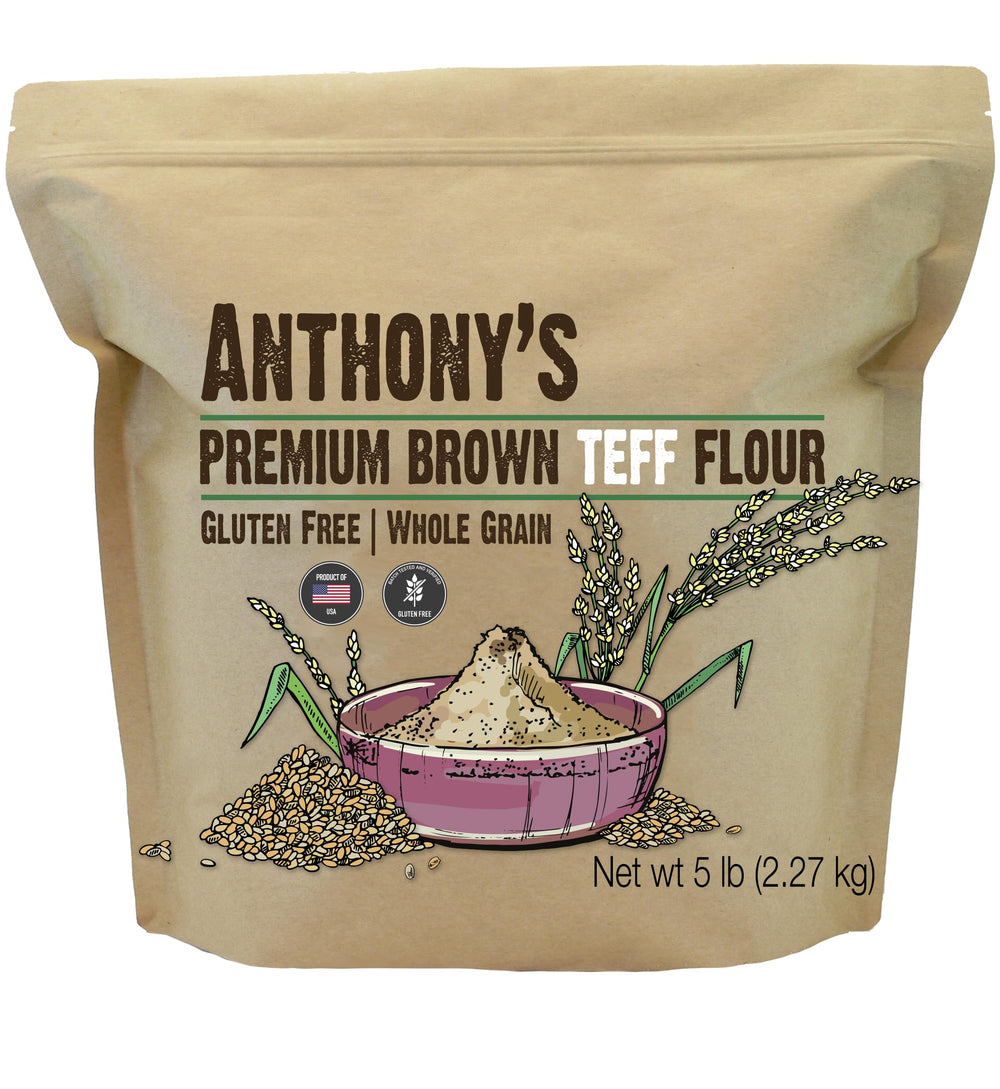 Anthony's Brown Teff Flour bag highlighting gluten-free whole grain baking