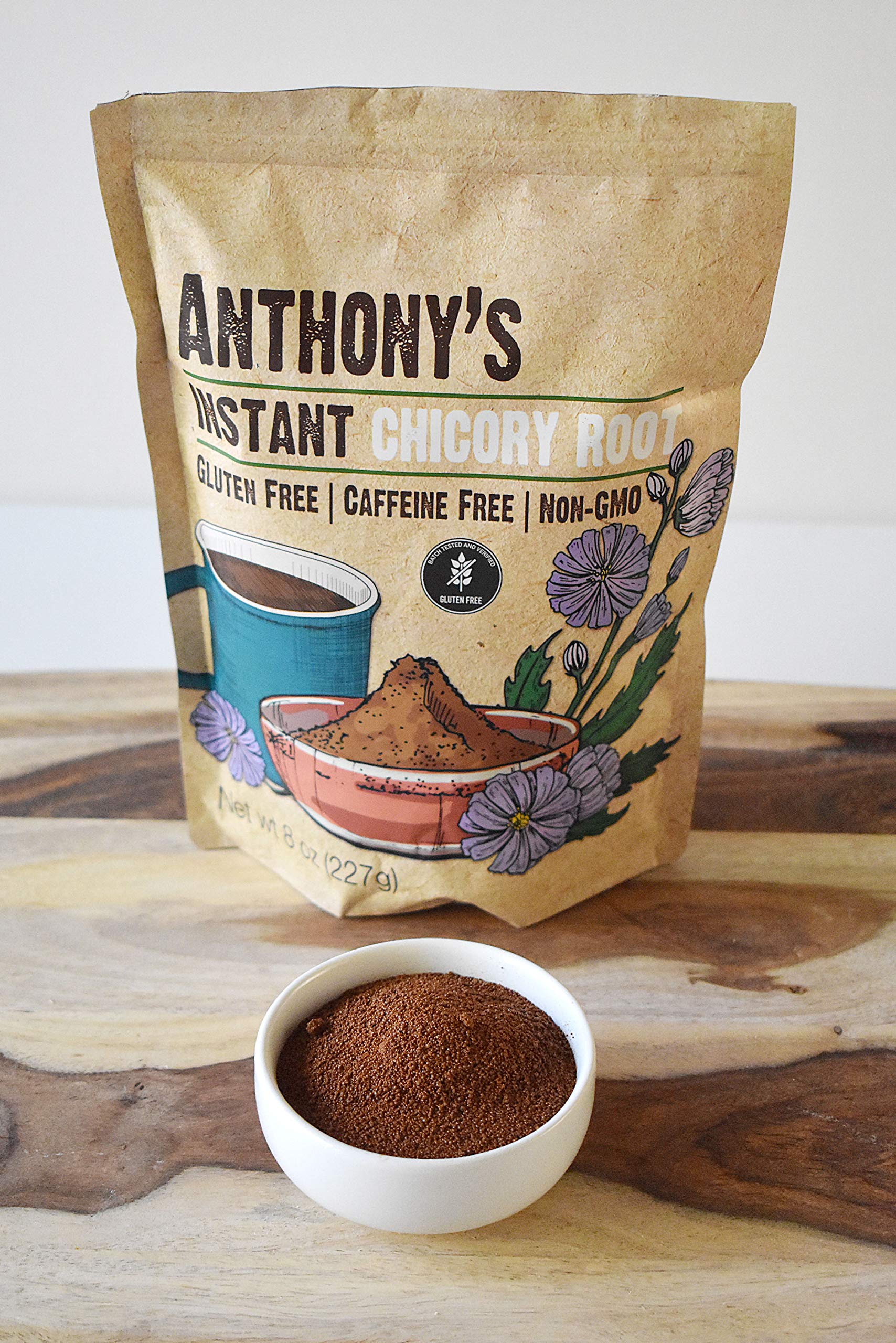Anthony's Chicory Root kitchen scene suggests easy mixing with coffee