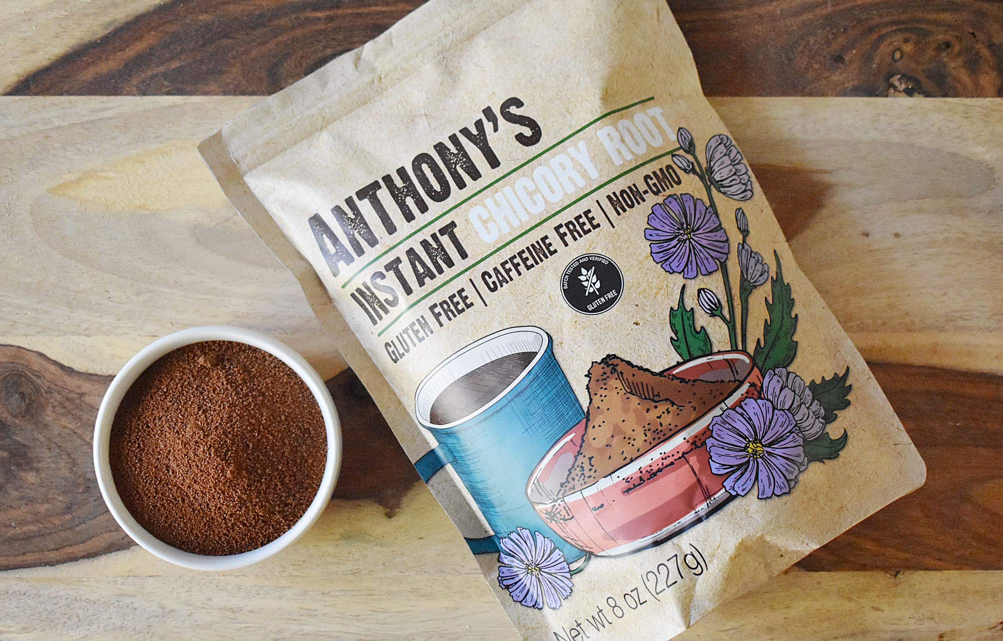 Anthony's Chicory Root label and gluten-free badge appeal to dietary needs