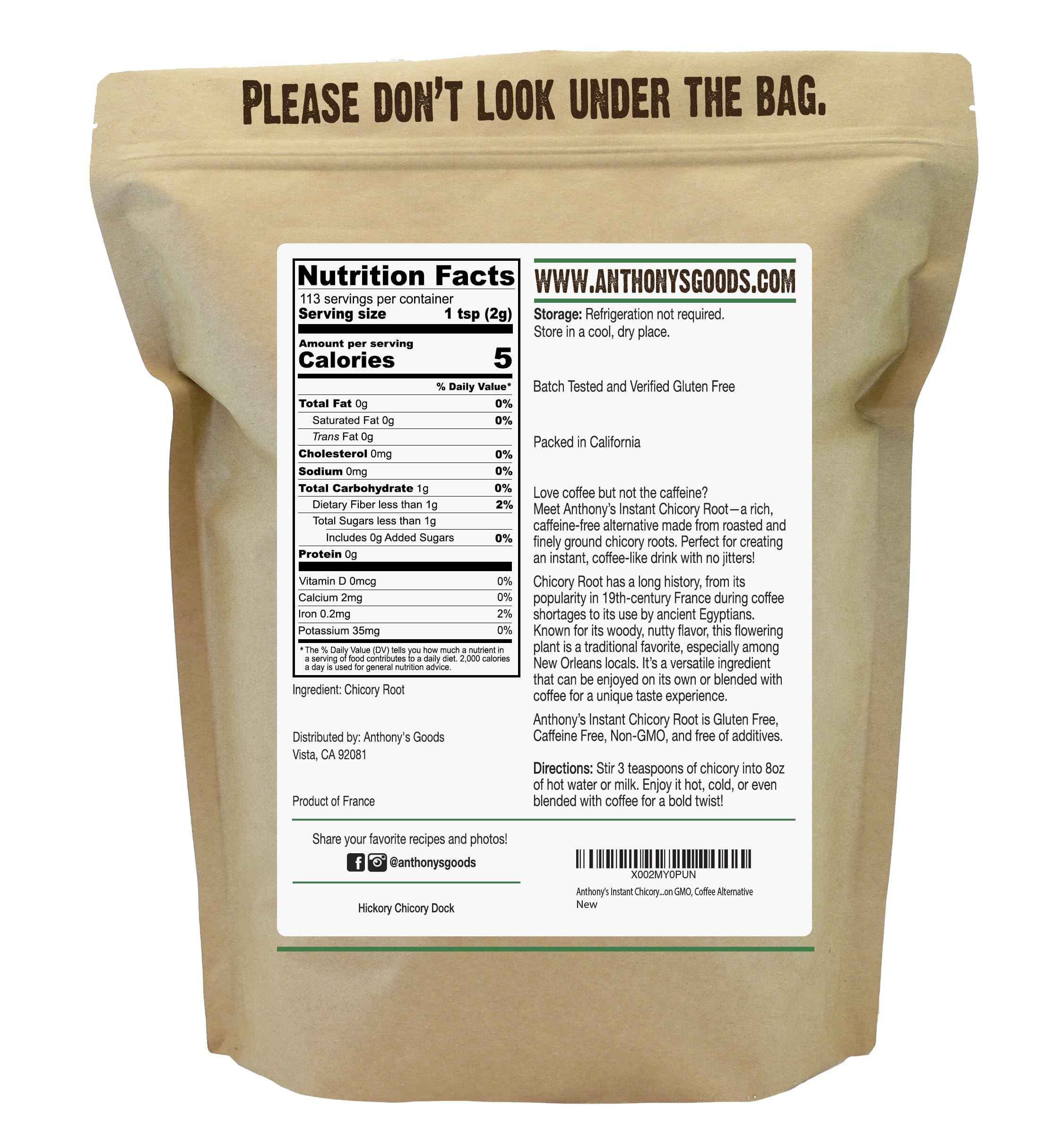 Anthony's Chicory Root powder packaging highlights instant dissolving convenience