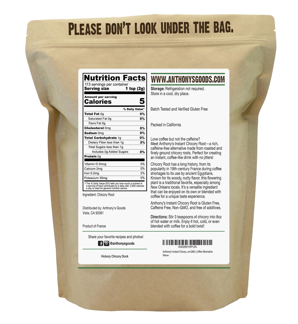 Anthony's Chicory Root powder packaging highlights instant dissolving convenience
