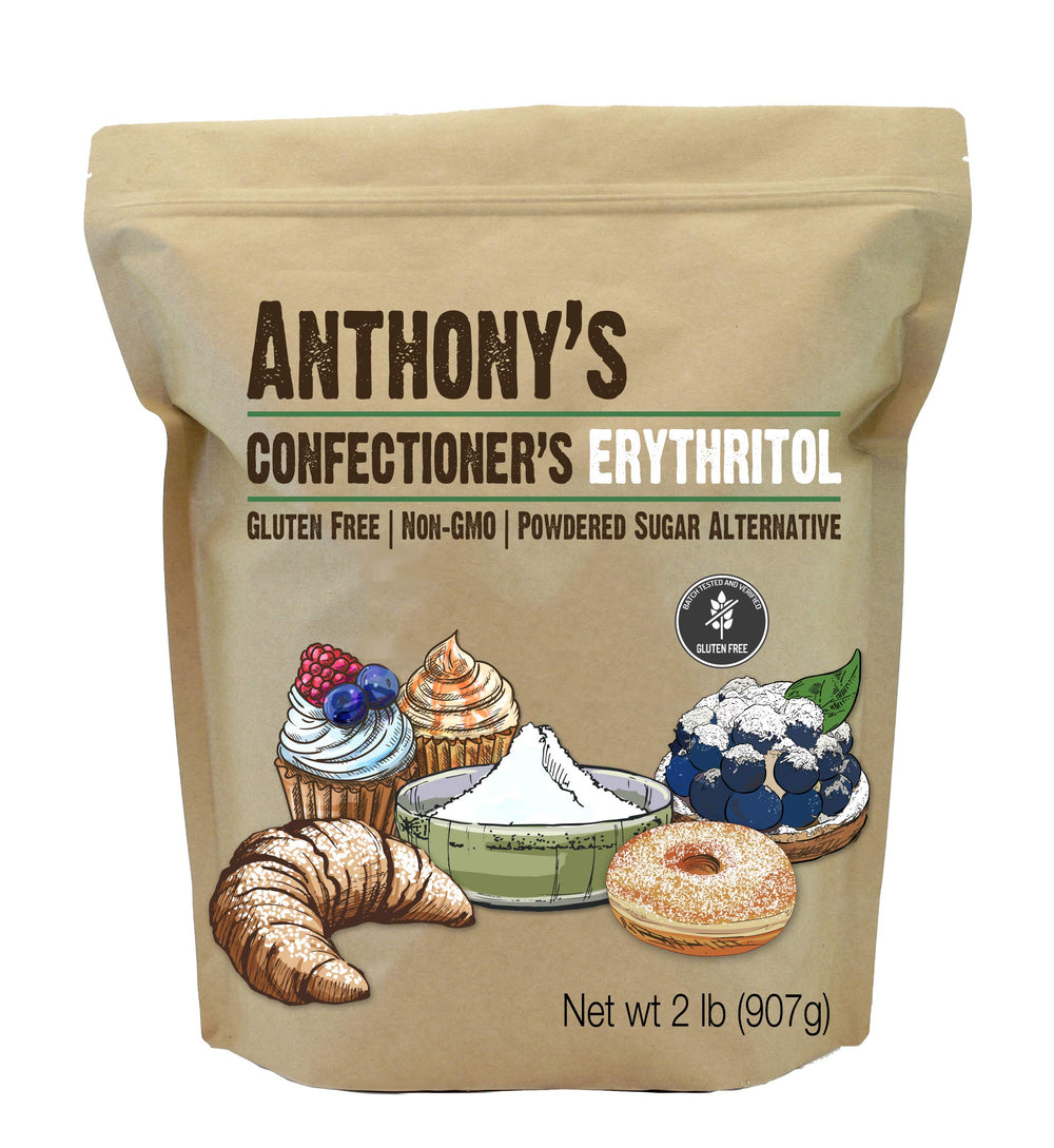 Anthony's Confectioner's Erythritol Powder bottle shows sugar-free baking option with zero calories.