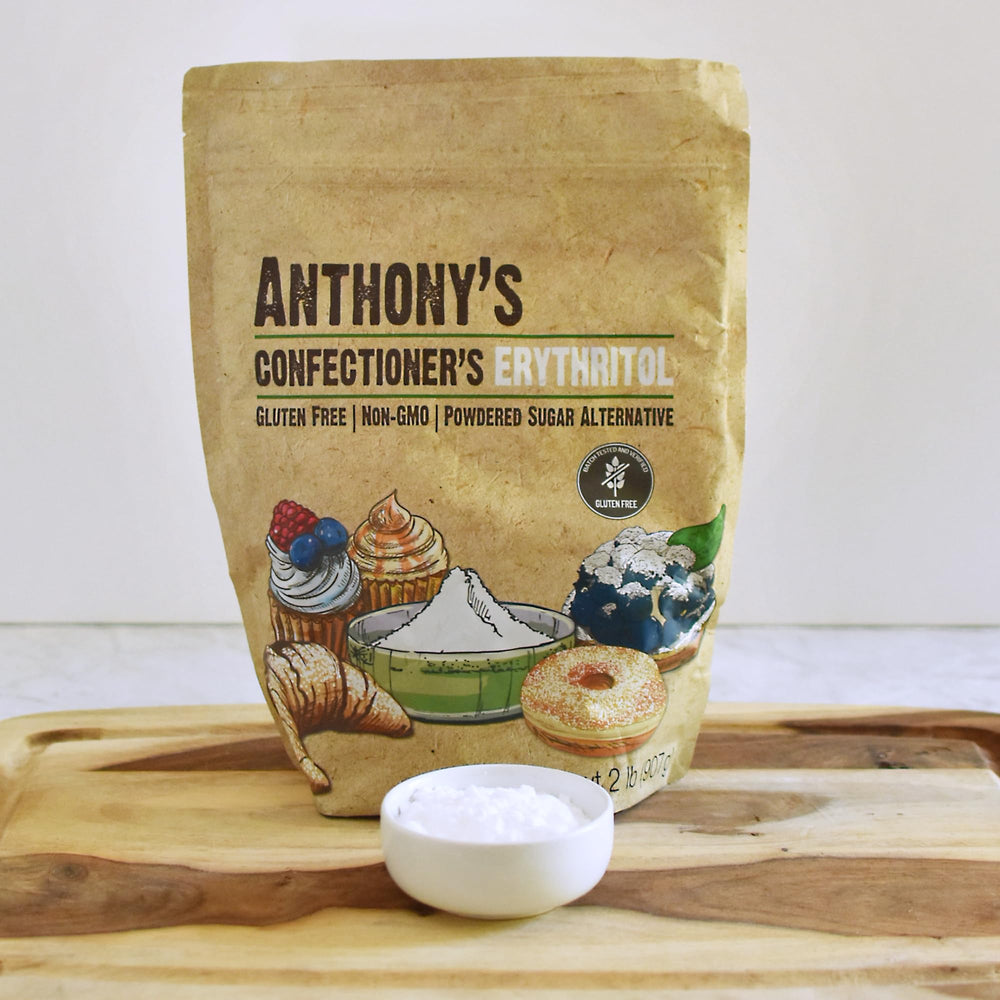 Gluten-free batch label for Anthony's erythritol powder highlighting purity and safety.