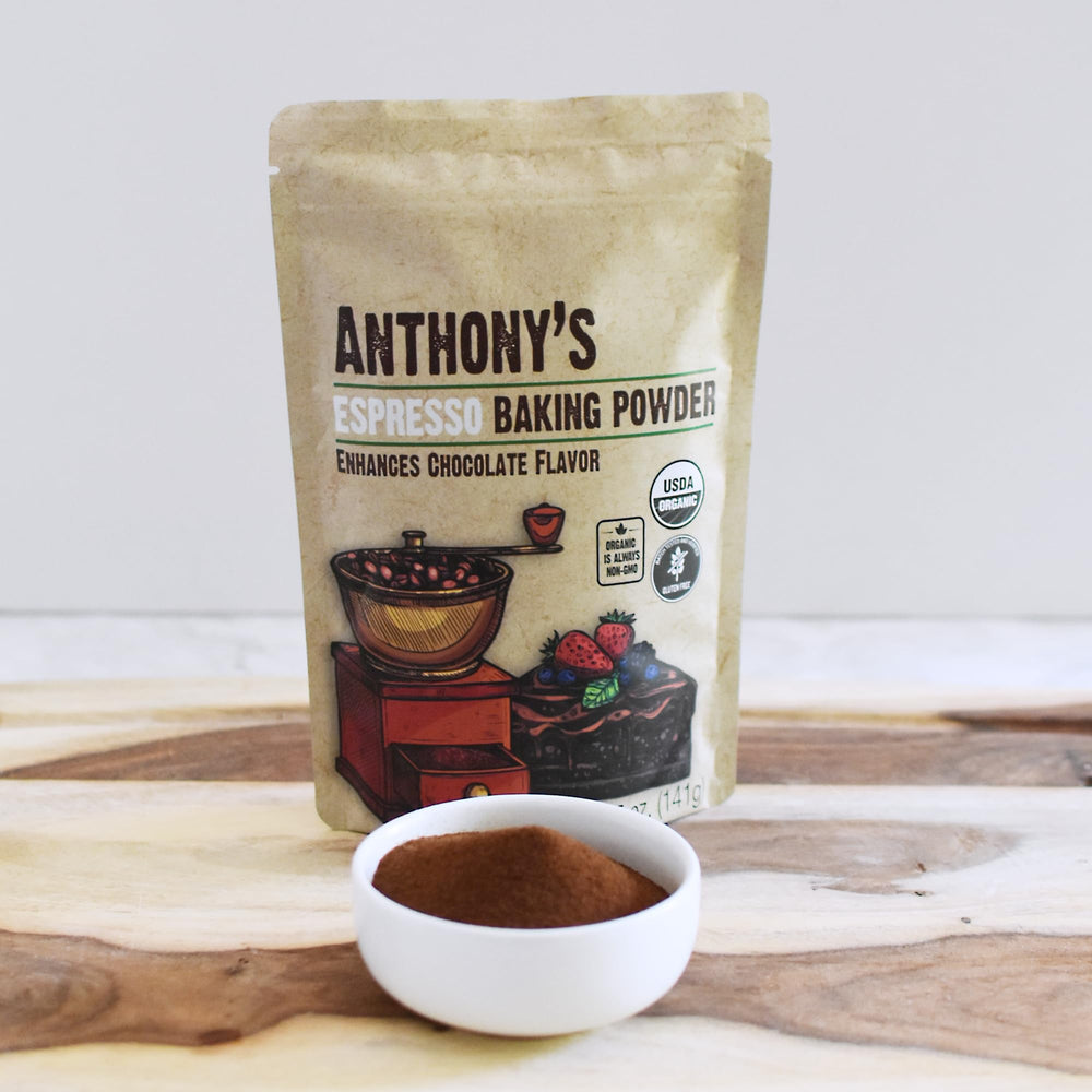 Anthony's Espresso Baking Powder gluten free label signals safe, allergy-friendly baking options.