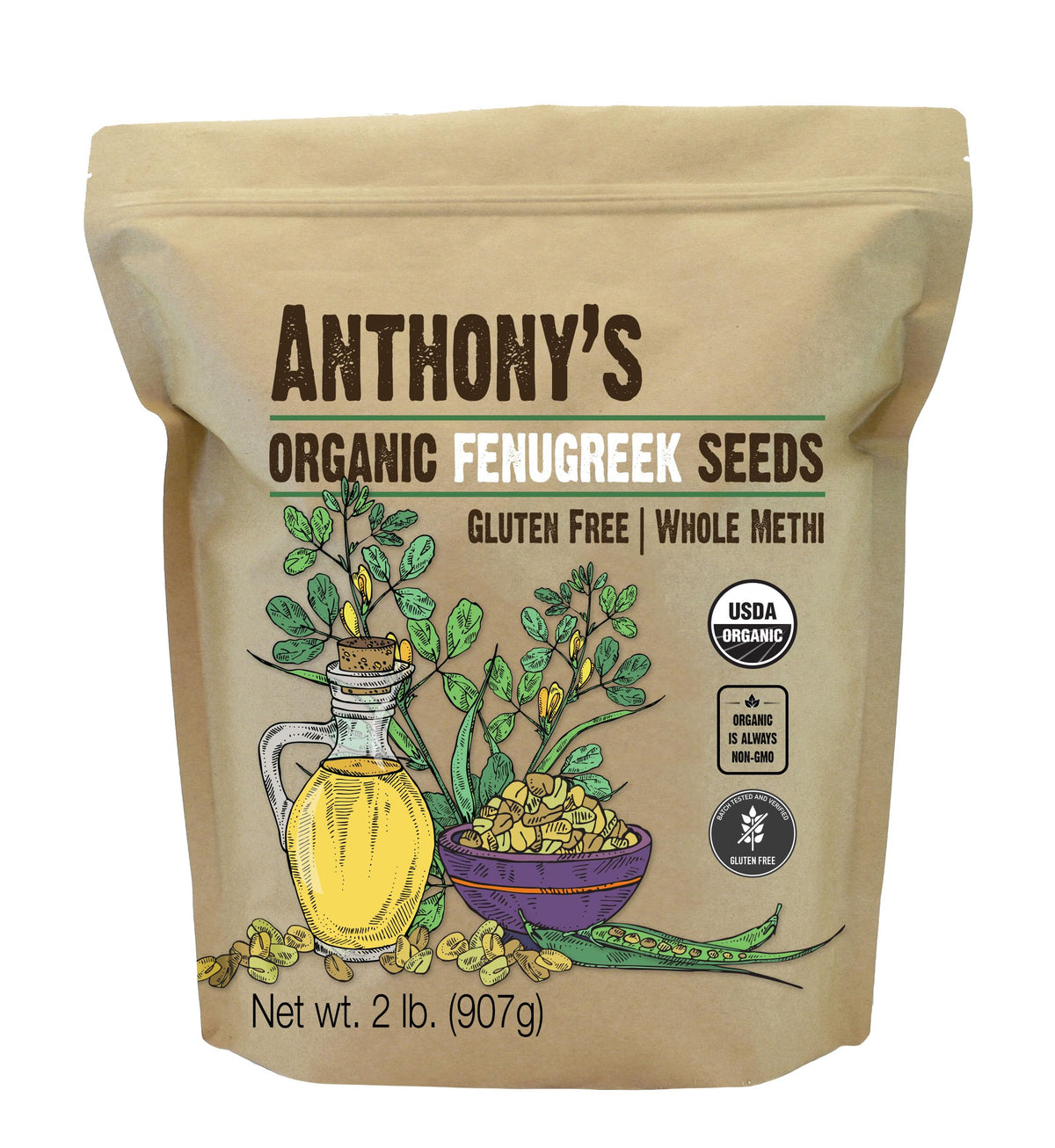 Anthony's fenugreek seeds bag: fragrant whole methi for curries and breads.