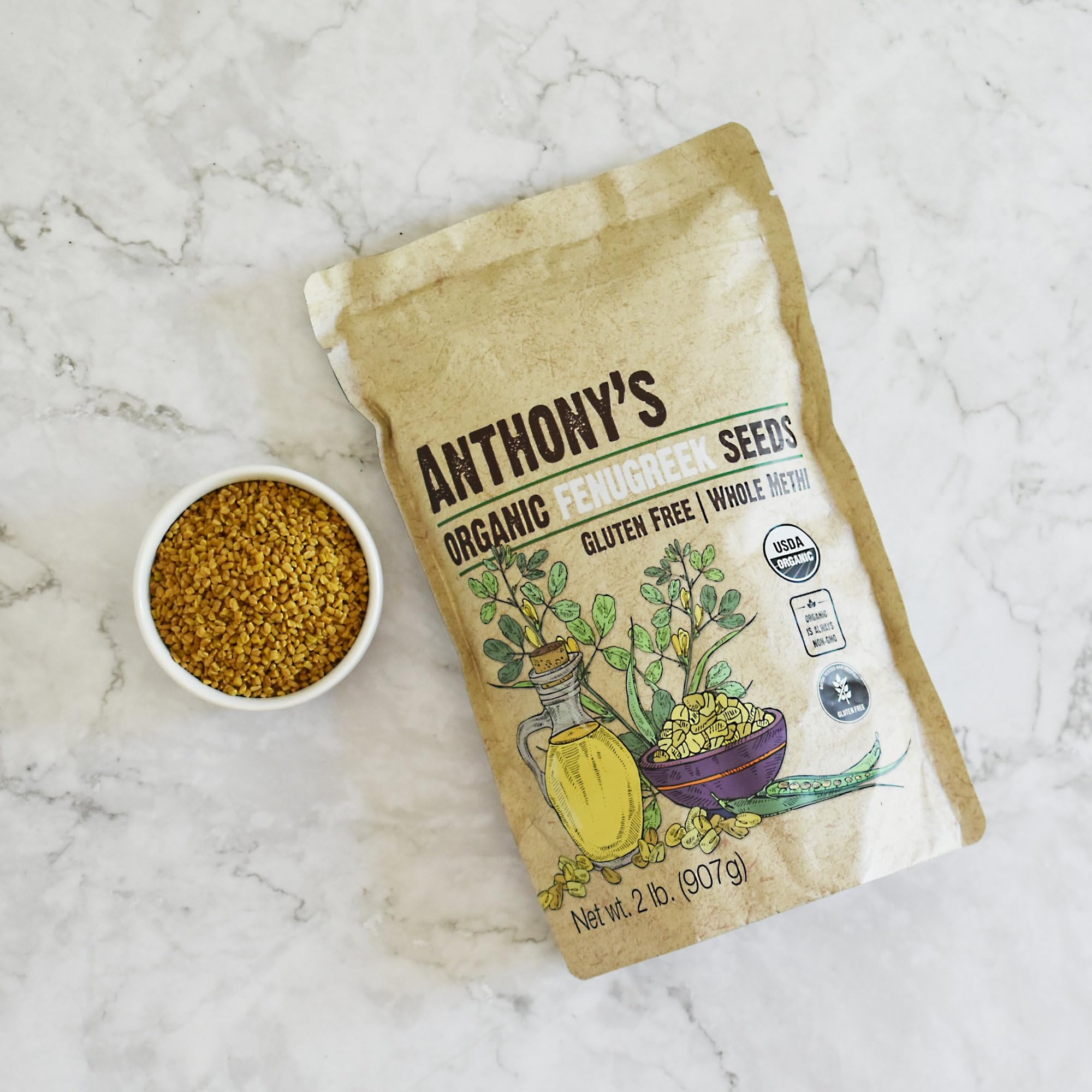 Anthony's fenugreek seeds packaging in sunny California: shipped fresh from India.