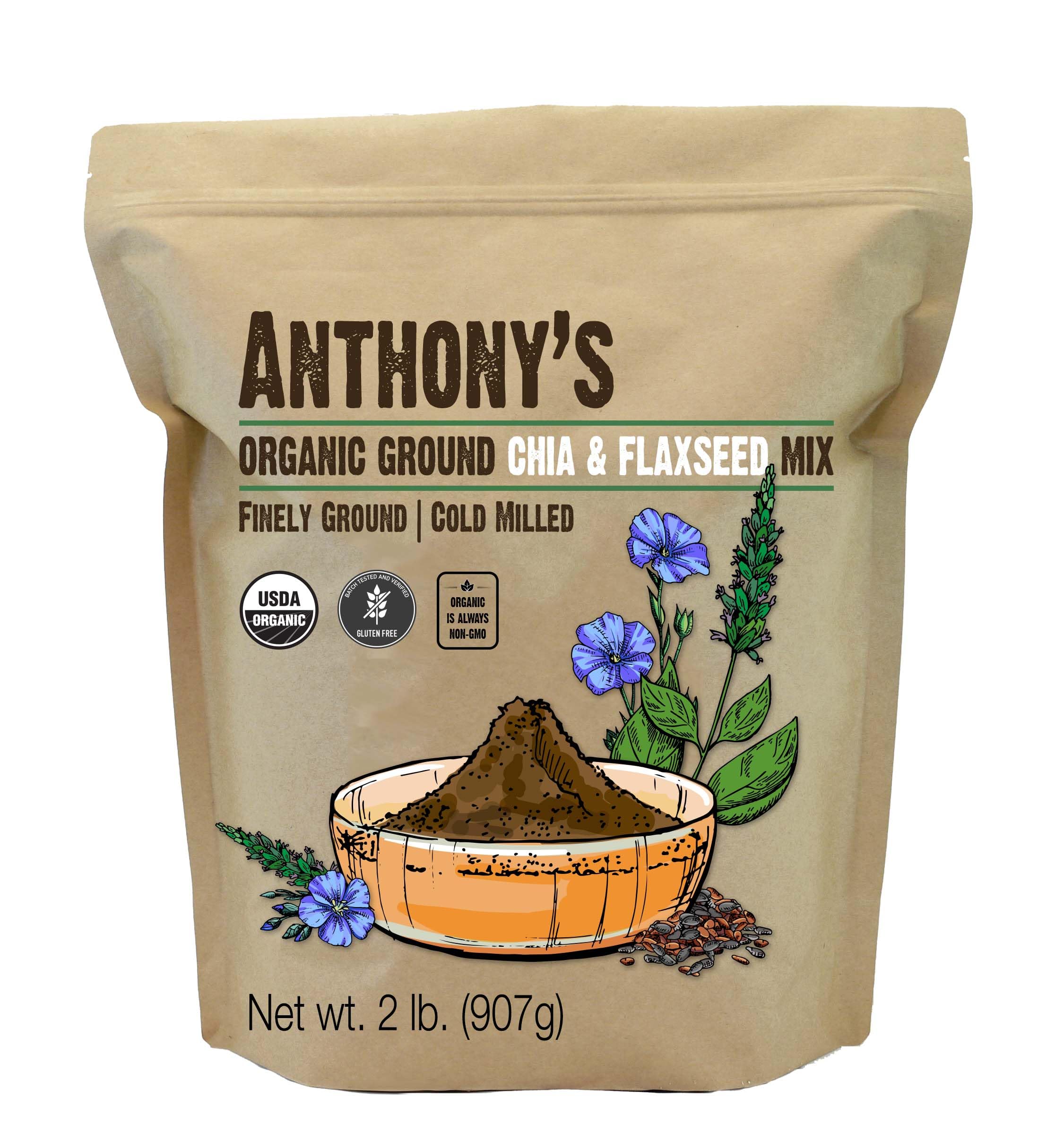 Anthony's Ground Chia & Flaxseed Mix bag shows organic, gluten-free baking versatility.
