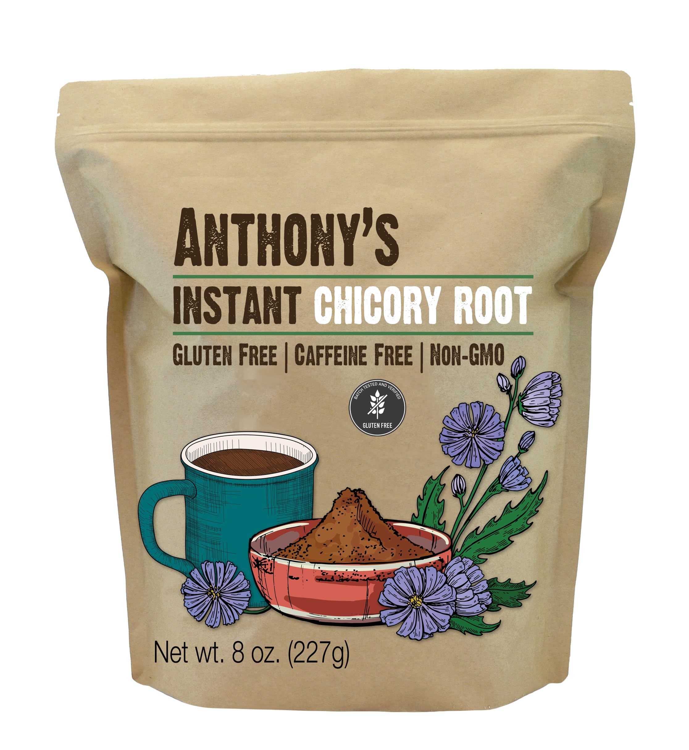 Anthony's Instant Chicory Root jar shows gluten-free and caffeine-free coffee alternative