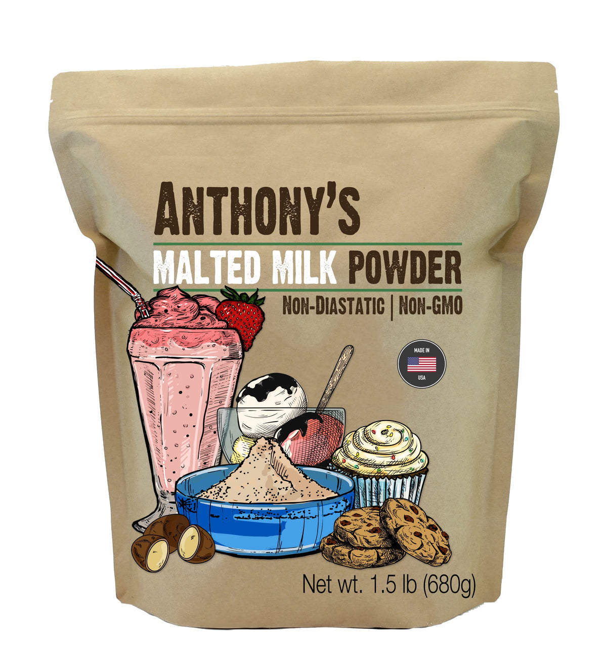 Anthony's Malted Milk Powder jar front view for creamy shakes.