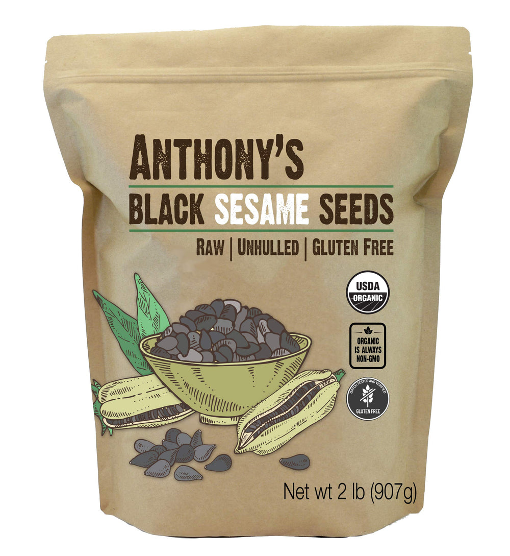 Anthony's Organic Black Sesame Seeds bag highlighting a gluten-free vegan pantry staple.