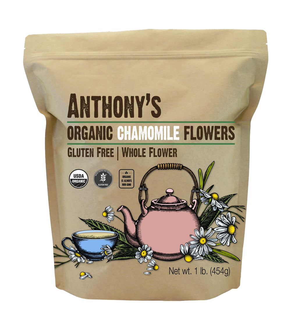 Anthony's Organic Chamomile Flowers 1lb bag, perfect for loose-leaf tea.