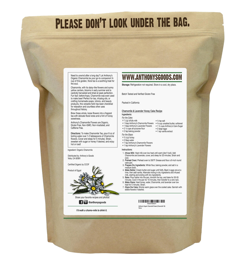 Anthony's Organic Chamomile Flowers loose-leaf close-up, ideal for soothing tea blends.