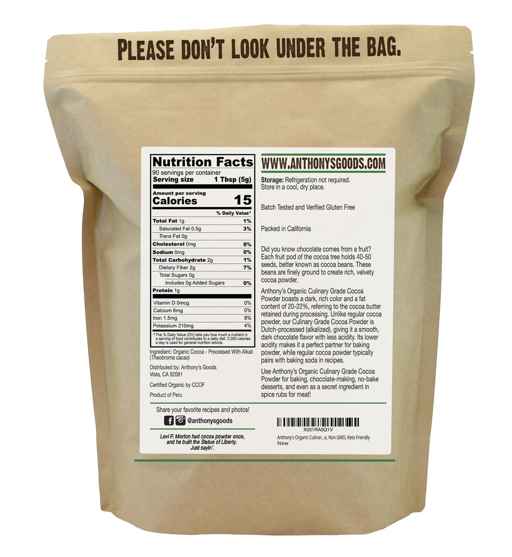 Anthony's Organic Cocoa Powder scoop in bowl, premium baking ingredient for rich desserts