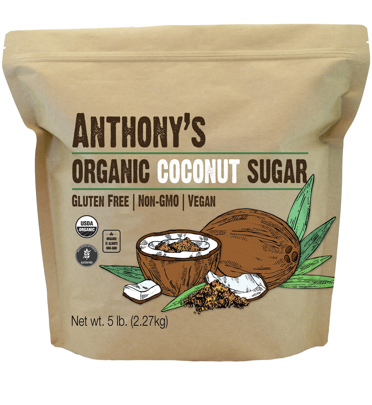 Anthony's Organic Coconut Sugar 5lb bag in pantry for everyday use.