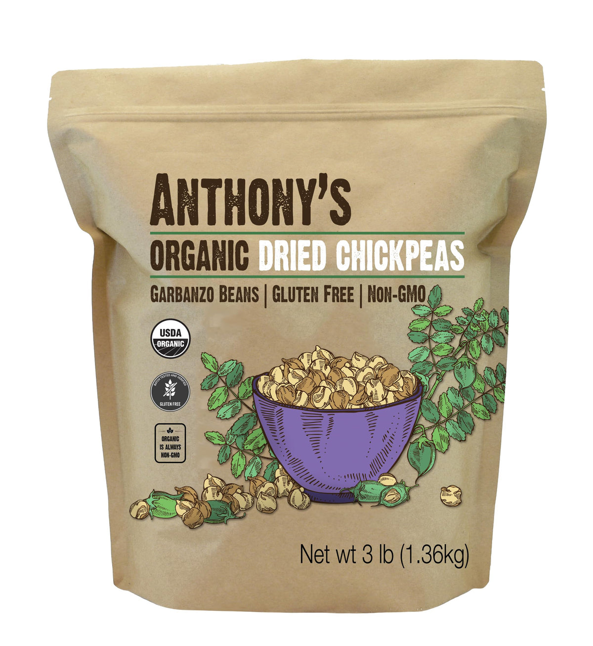 Anthony's Organic Dried Chickpeas bag front, ideal pantry staple for plant-based meals