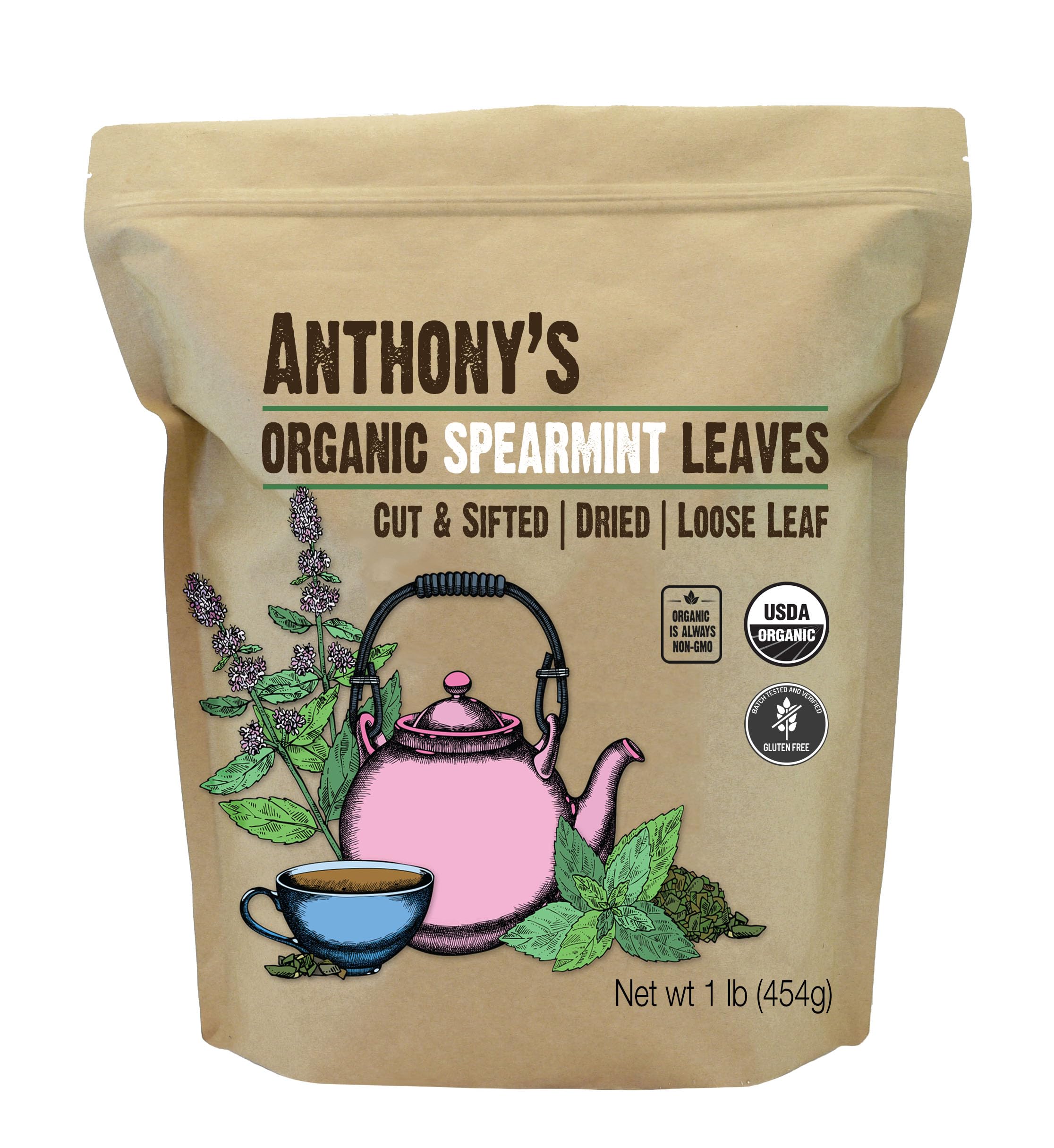 Anthony's packaging for Organic Dried Spearmint Leaves signals premium tea-ready quality