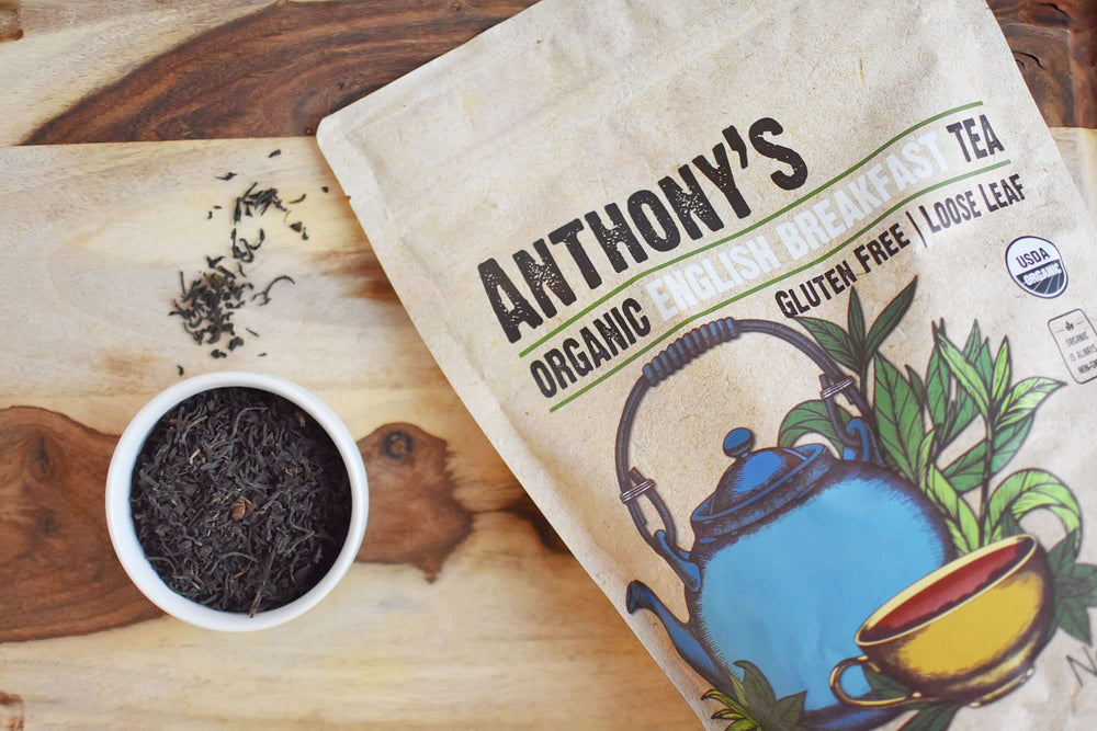 Anthony's Organic English Breakfast tea with infuser promotes mindful morning ritual.