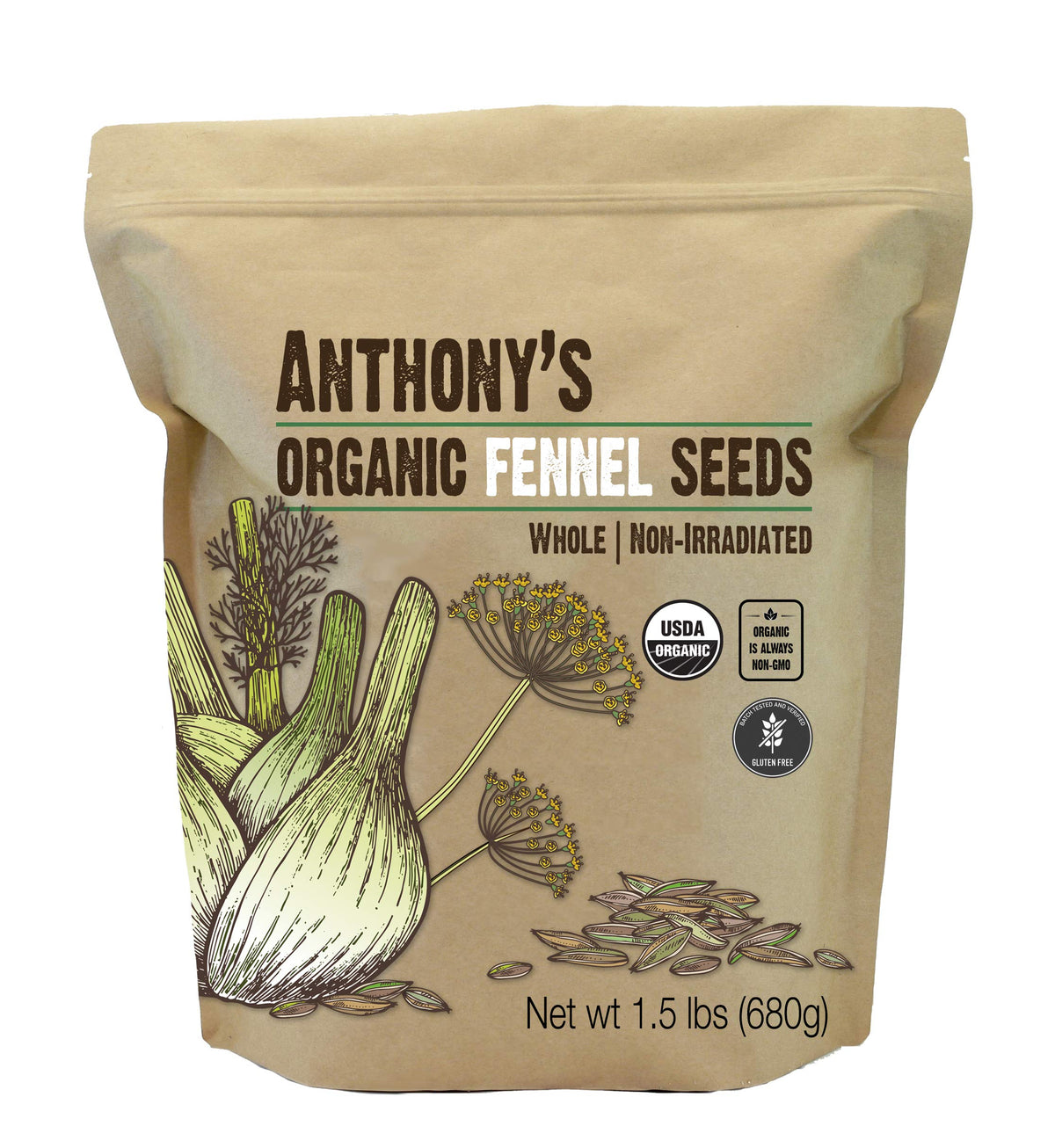 Anthony's Organic Fennel Seeds whole seeds in a jar, ideal for spice blends and cooking.