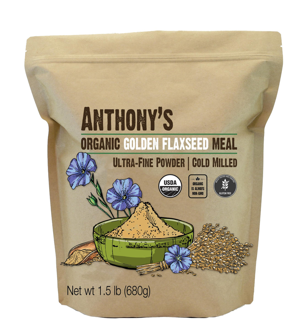 Anthony's Organic Golden Flaxseed Meal front of tub, gluten-free and versatile for baking.