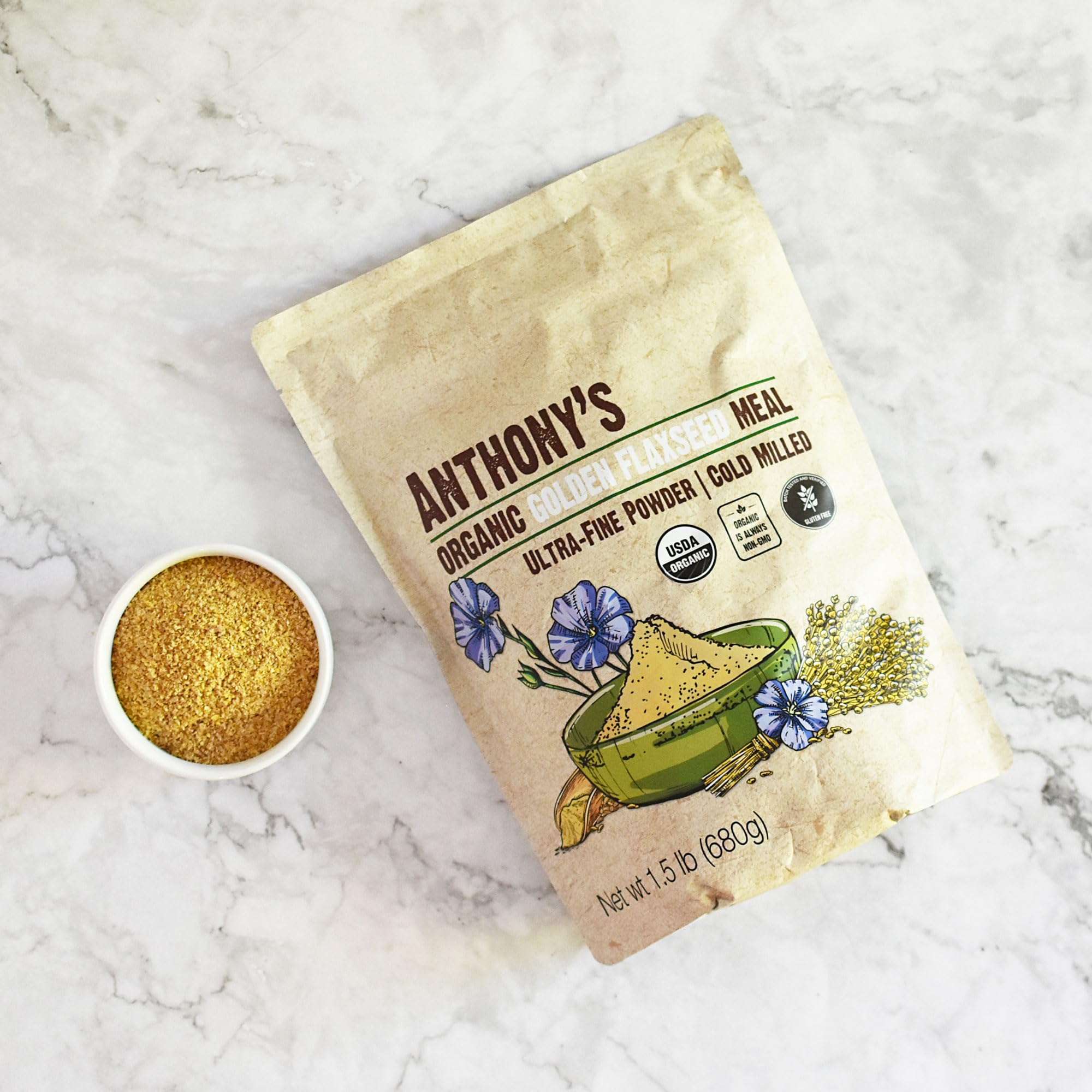 Anthony's Organic Golden Flaxseed Meal vegan-friendly ingredient in cereal.