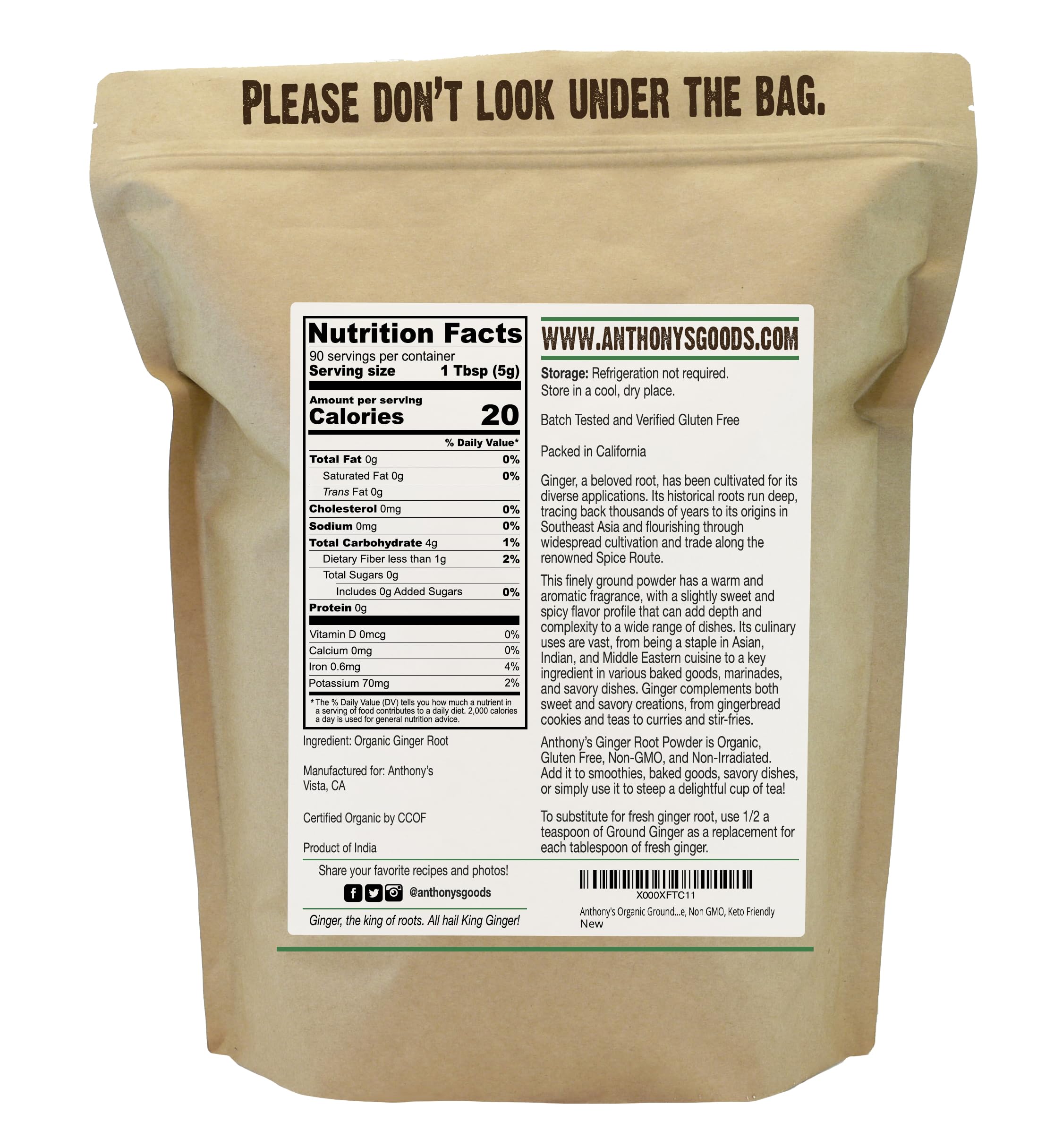 Anthony's Organic Ground Ginger Root gluten-free badge on label signals gluten-free suitability