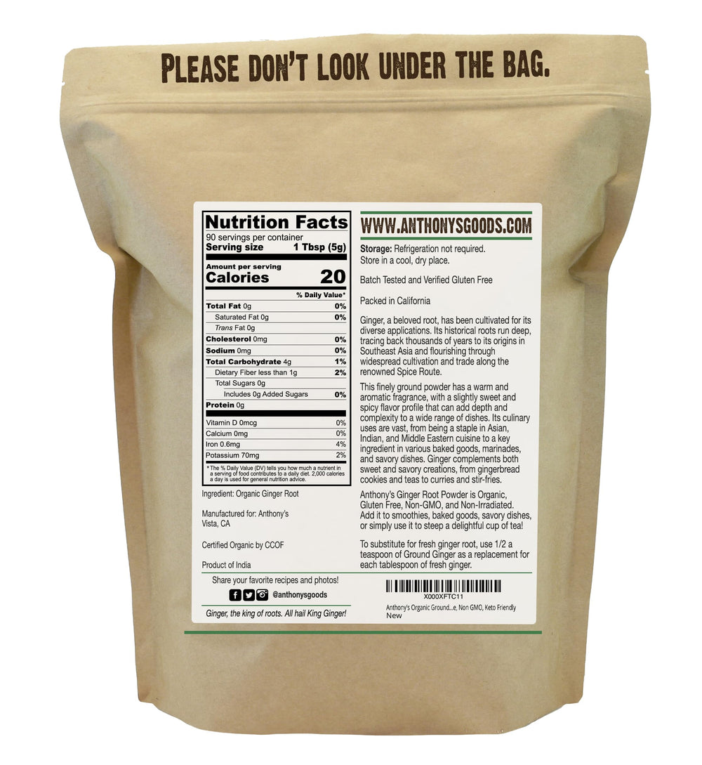 Anthony's Organic Ground Ginger Root gluten-free badge on label signals gluten-free suitability