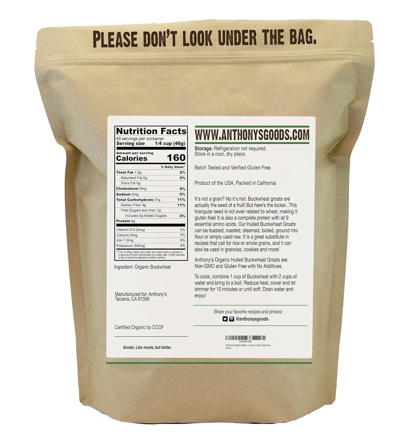 Anthony's Organic Hulled Buckwheat Groats layout with cooking ideas for versatile recipes.