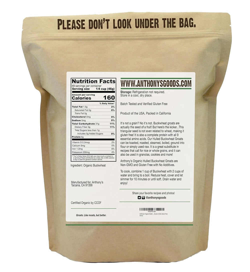 Anthony's Organic Hulled Buckwheat Groats layout with cooking ideas for versatile recipes.