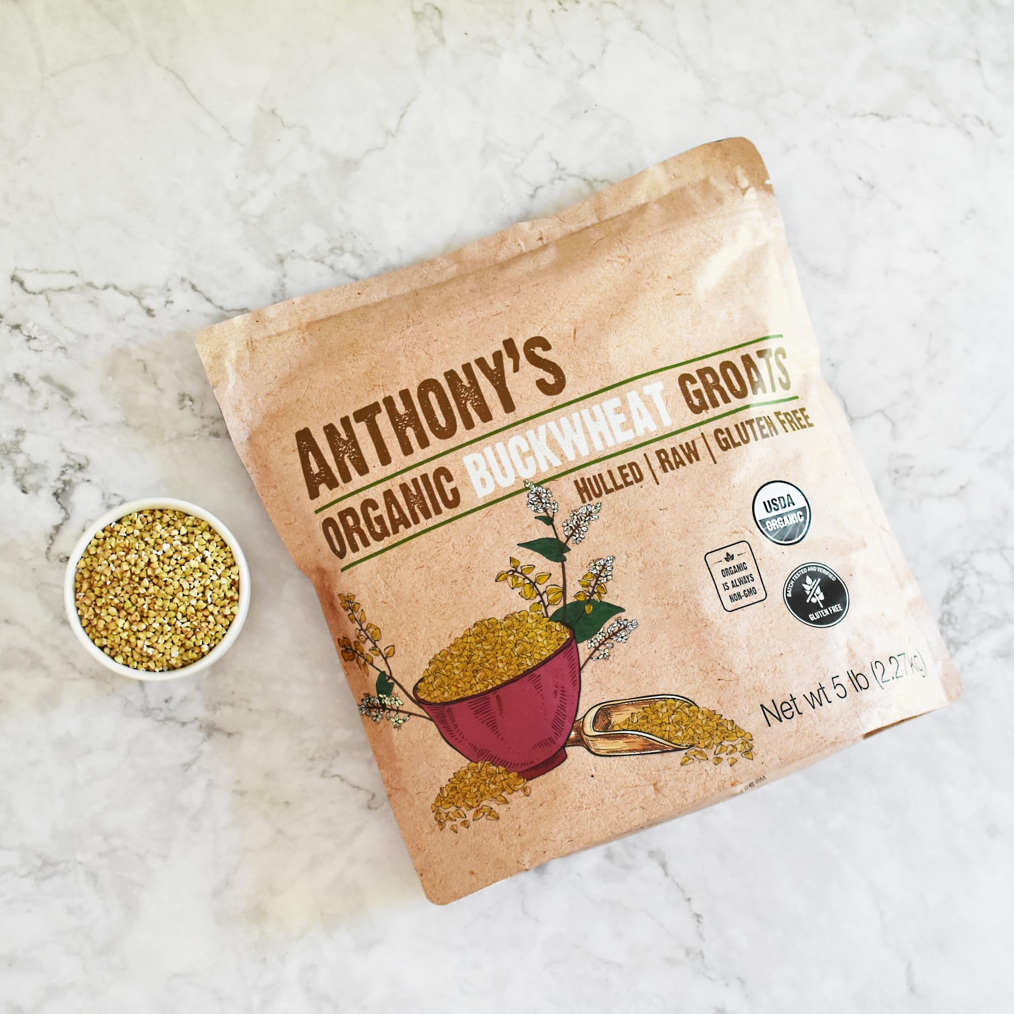 Anthony's Organic Hulled Buckwheat Groats pantry shelf as rice substitute.