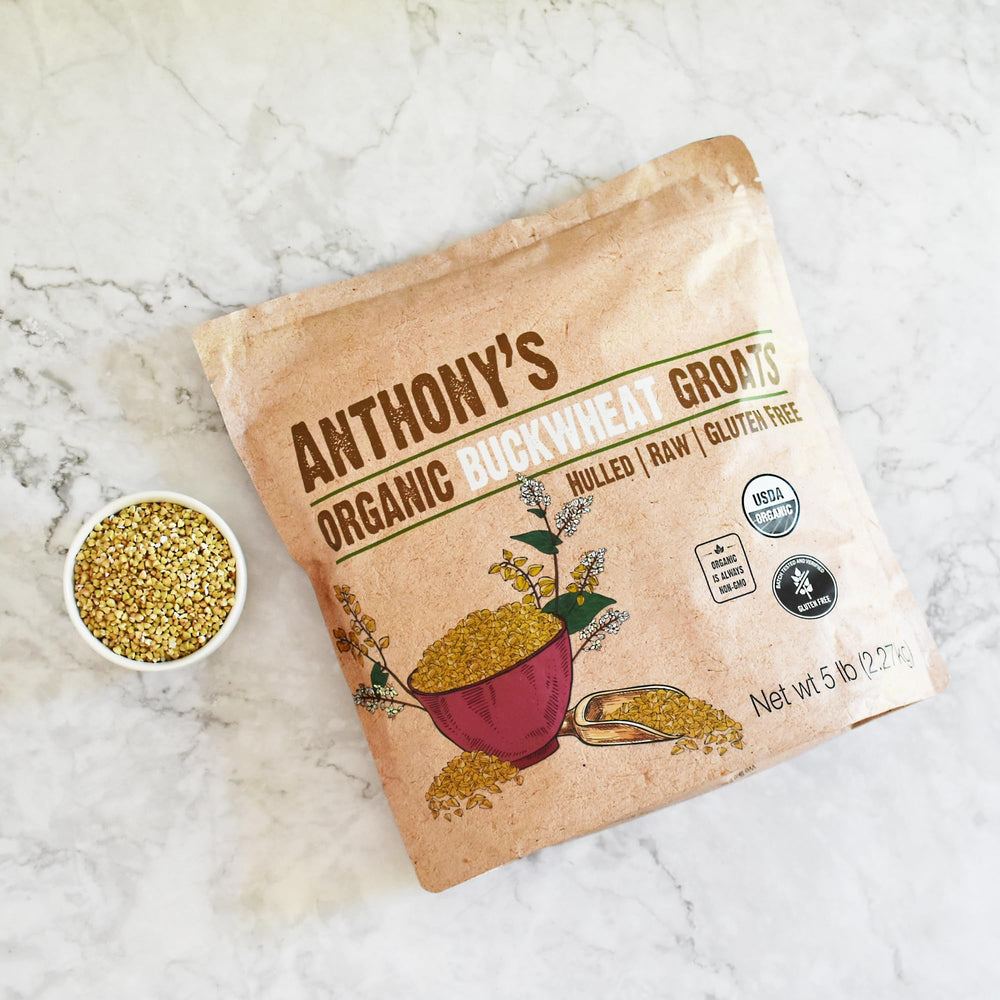 Anthony's Organic Hulled Buckwheat Groats pantry shelf as rice substitute.