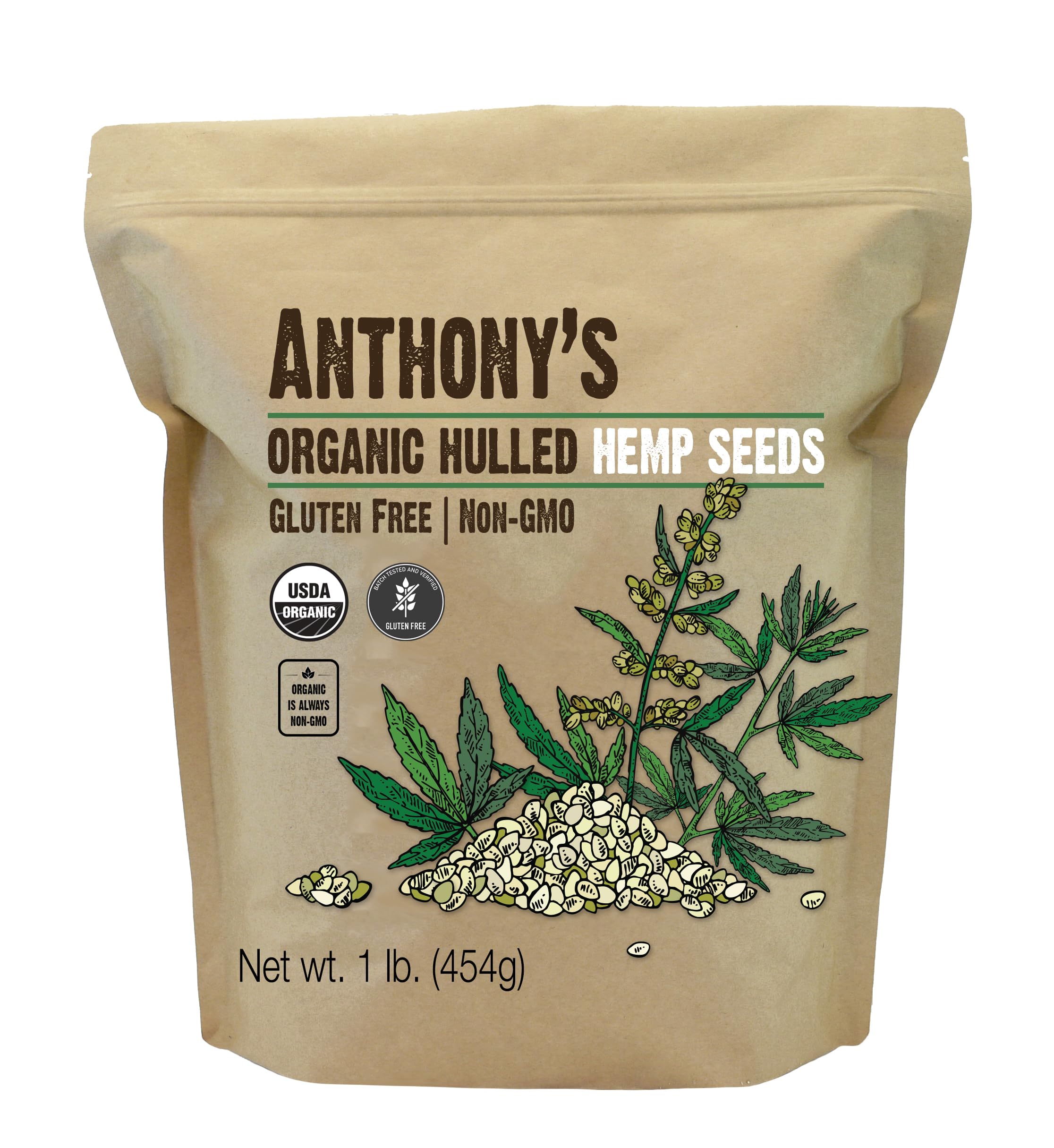 Anthony's Organic Hulled Hemp Seeds in a 1lb bag add plant-based protein to meals.