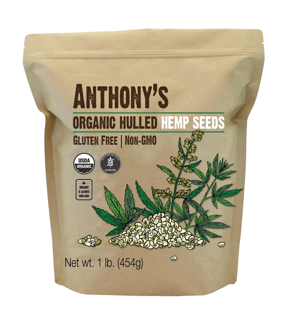 Anthony's Organic Hulled Hemp Seeds in a 1lb bag add plant-based protein to meals.