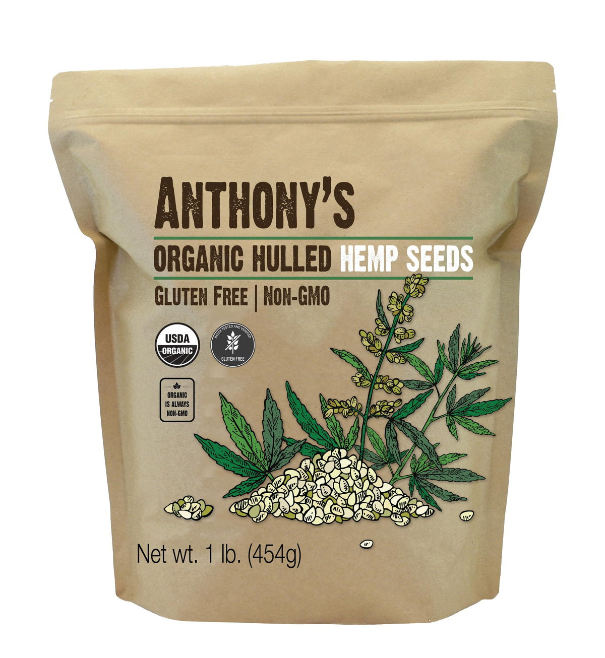 Anthony's Organic Hulled Hemp Seeds in a 1lb bag add plant-based protein to meals.