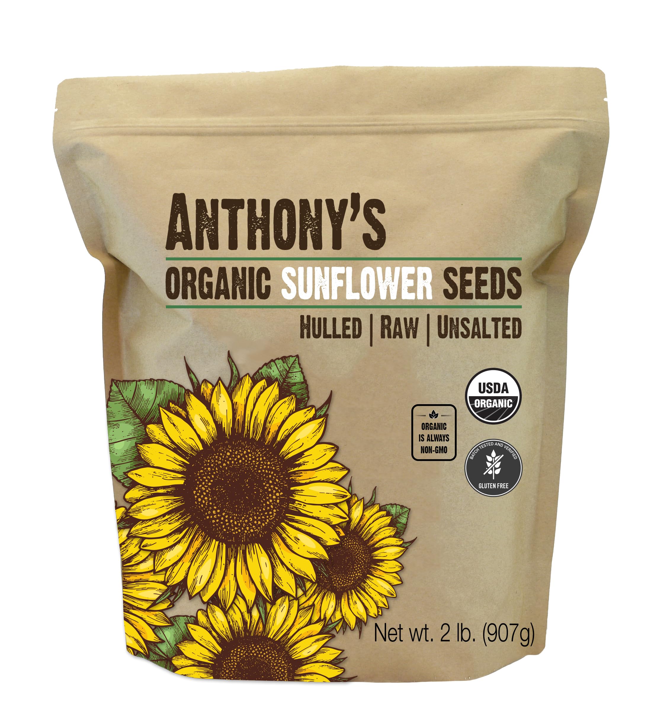 Anthony's Organic Hulled Sunflower Seeds bag front; convenient 2 lb packaging for home use.
