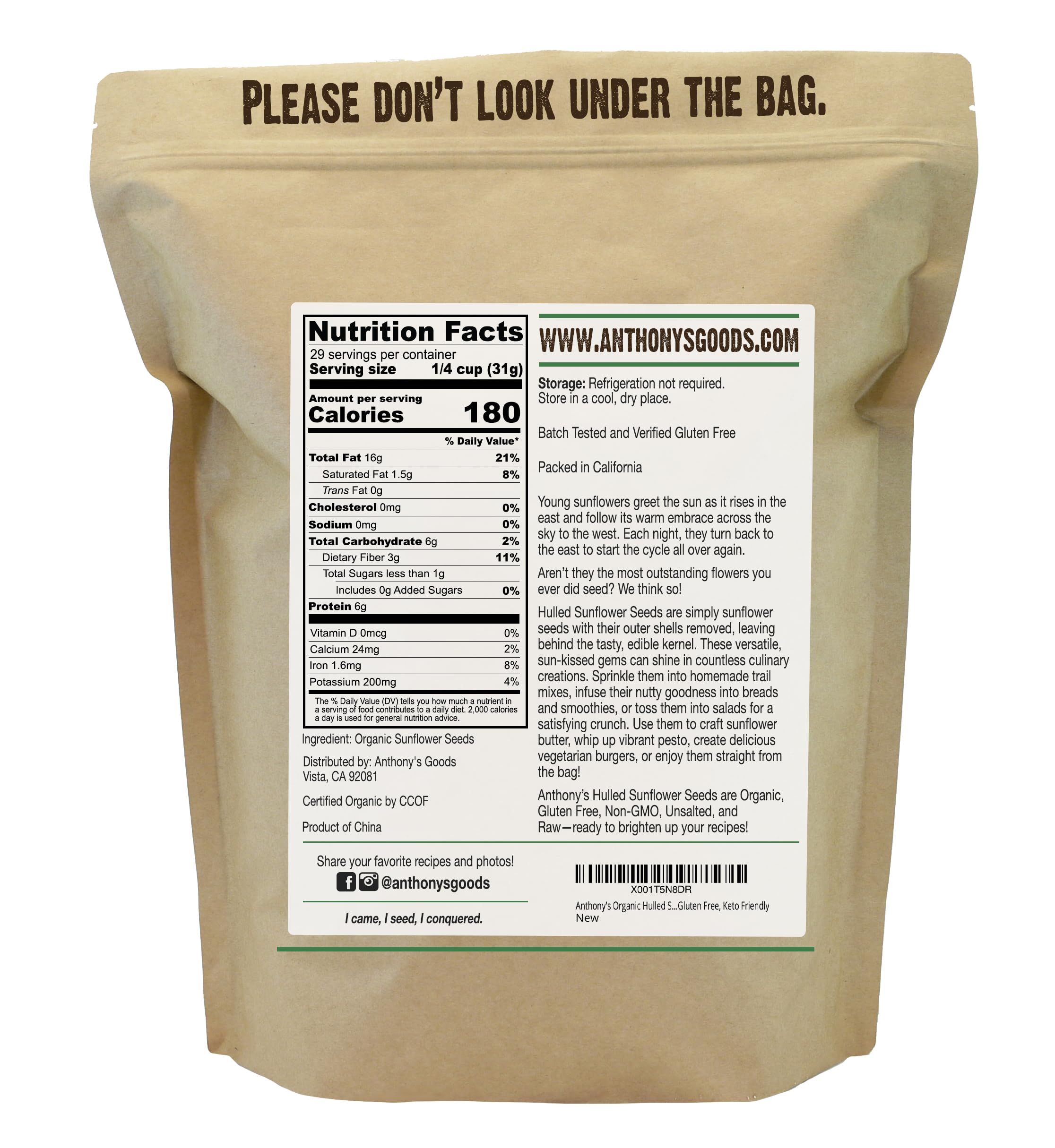Anthony's Organic Hulled Sunflower Seeds close-up shows a smooth hulled texture ideal for baking and snacking.