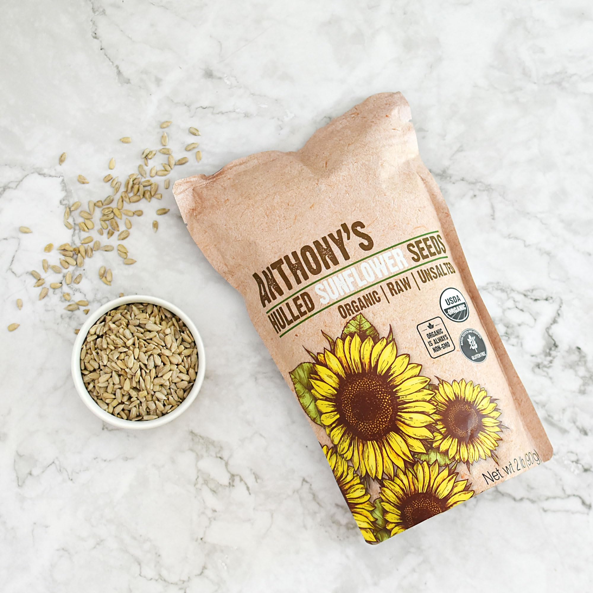 Anthony's Organic Hulled Sunflower Seeds snack straight from bag for quick energy.