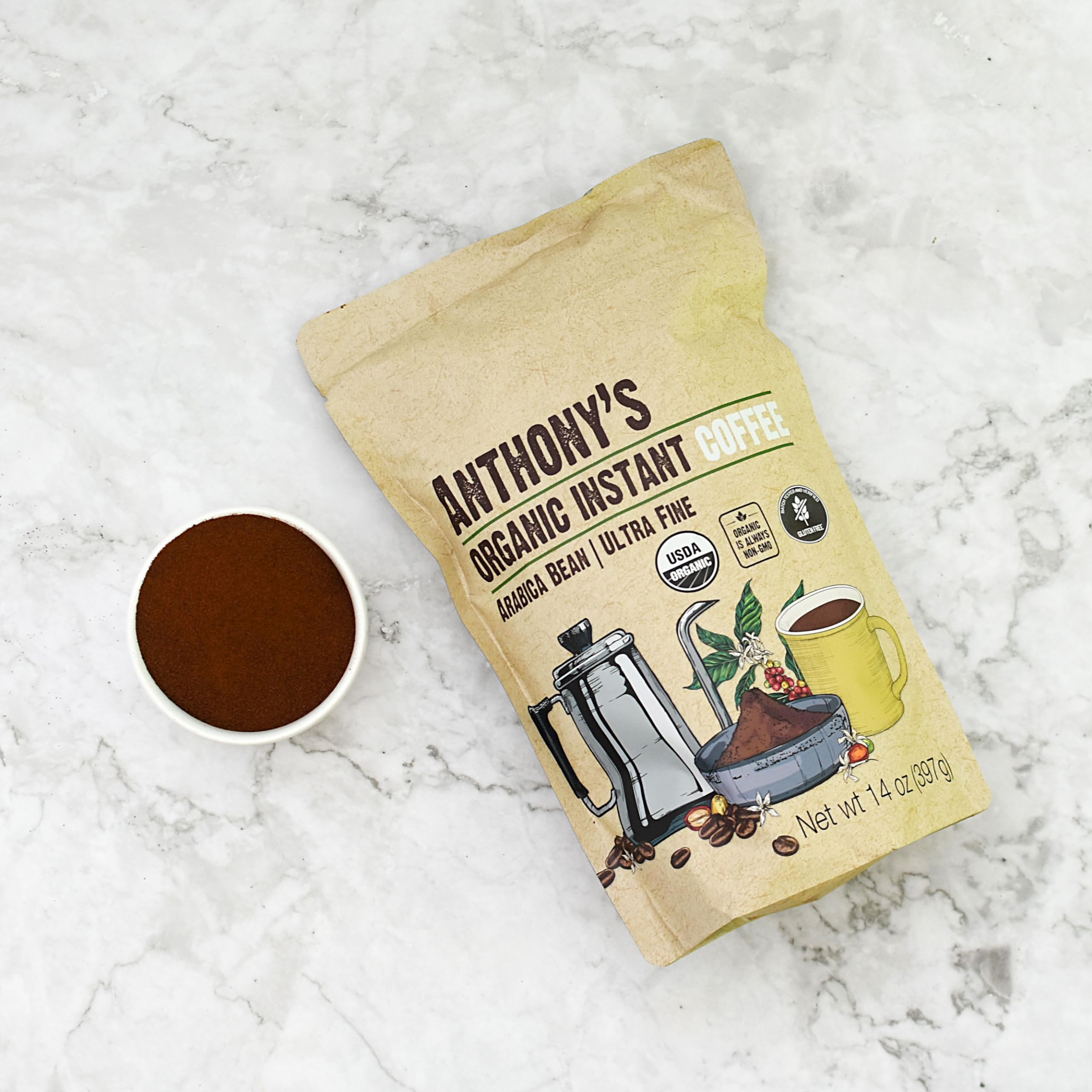 Anthony's Organic Instant Coffee brewed cup offers a smooth, convenient coffee moment.